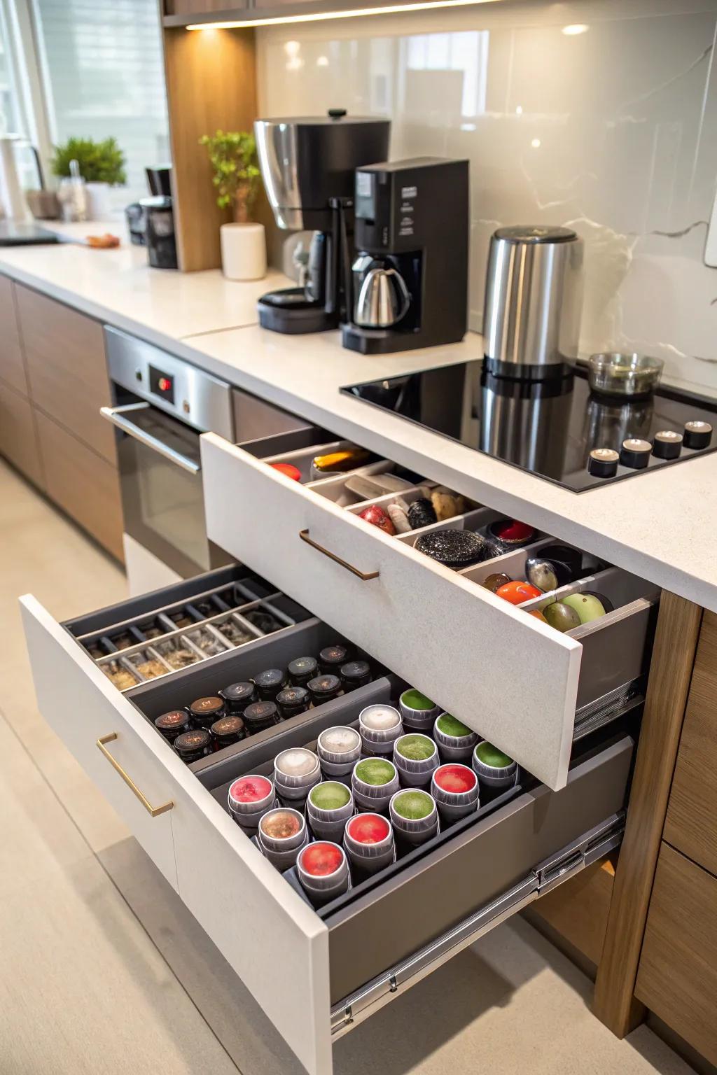 Pull-out drawers designed for optimal coffee accessory organization.