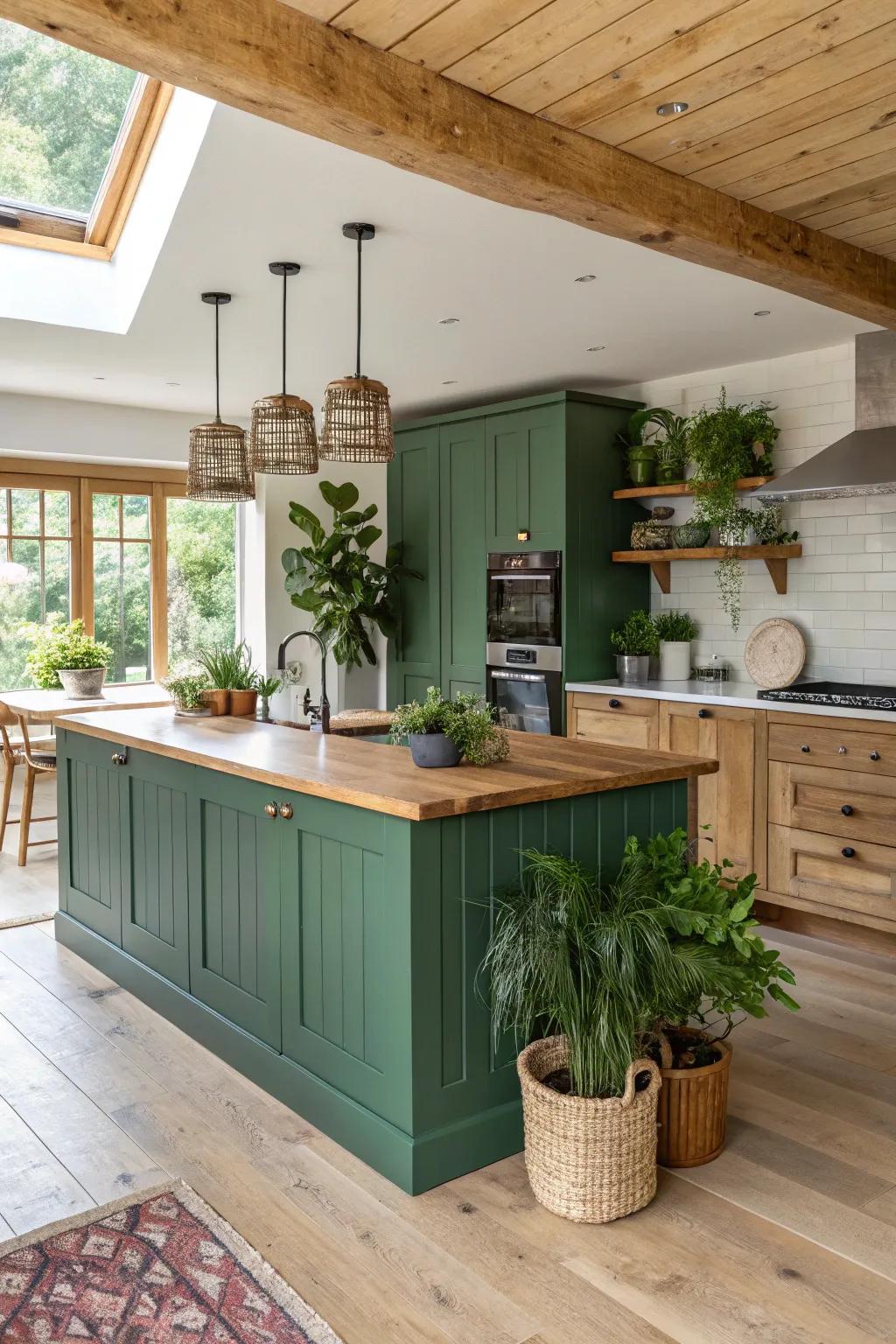A forest green kitchen island harmonizes with natural elements, offering a soothing vibe.