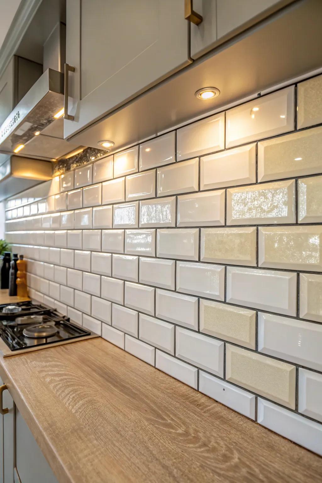 Glossy and matte tiles create a textured and lively kitchen wall.