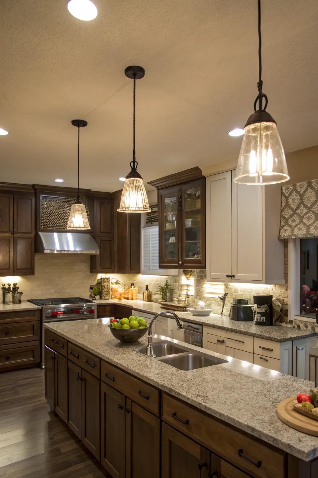 Layered lighting brightens up a windowless kitchen effectively.