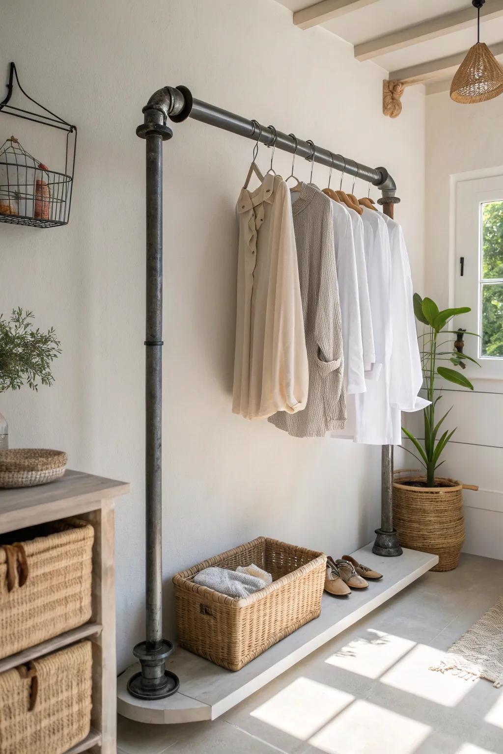 Embrace rustic charm with industrial-style metal pipe racks for your laundry room.