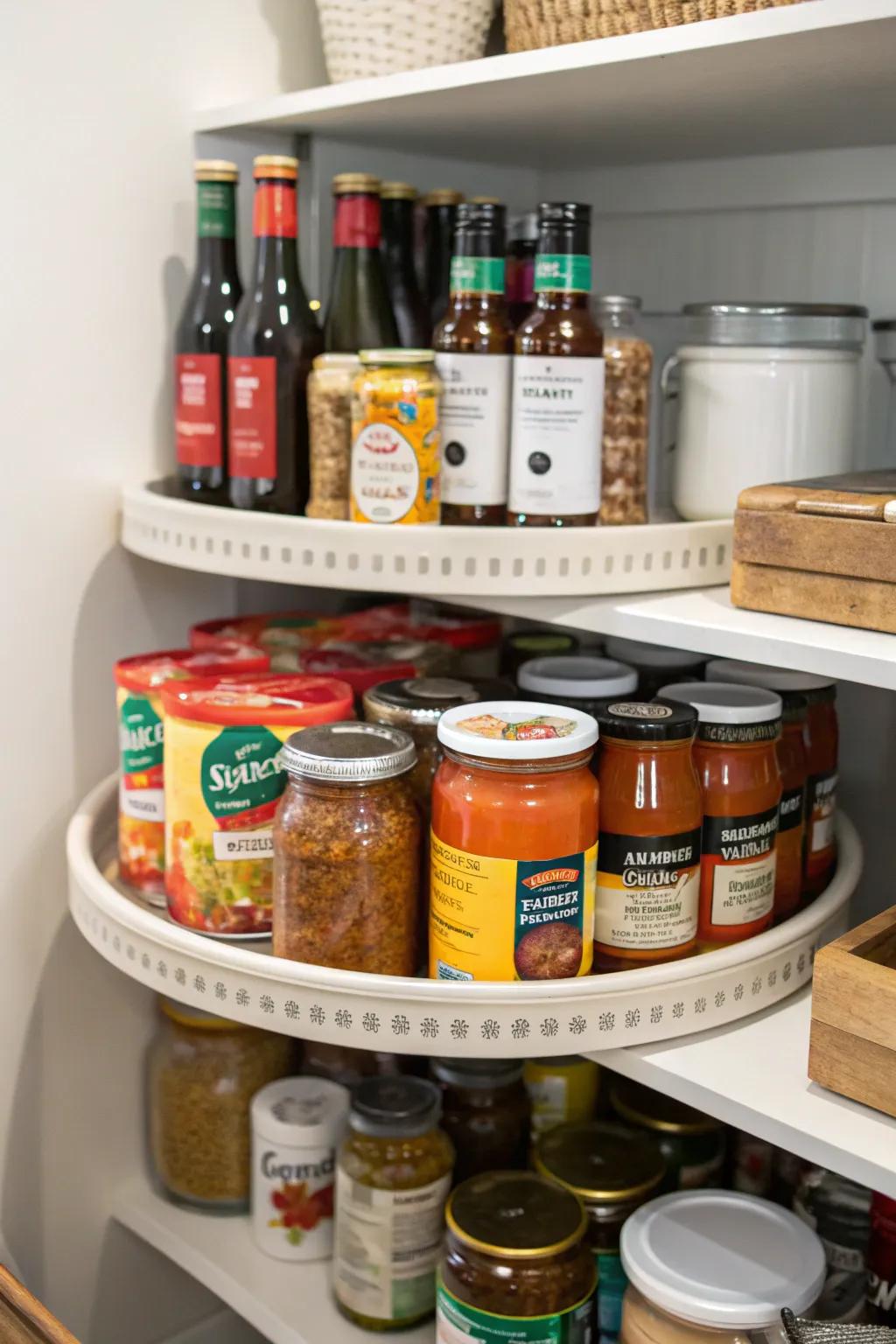 A well-organized pantry featuring a lazy susan with canned goods and condiments.