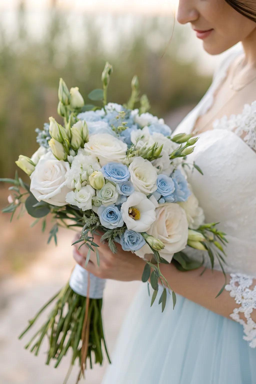A whimsical bouquet featuring light blue eustoma flowers.