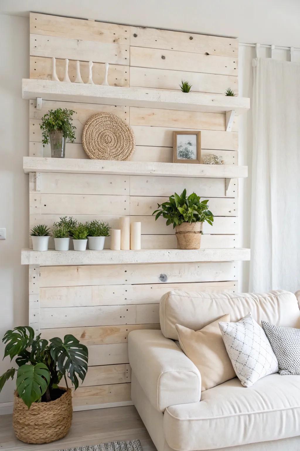 Transform your living room with a stunning pallet wall that combines simplicity with natural beauty. #ScandinavianStyle #BohoChic
