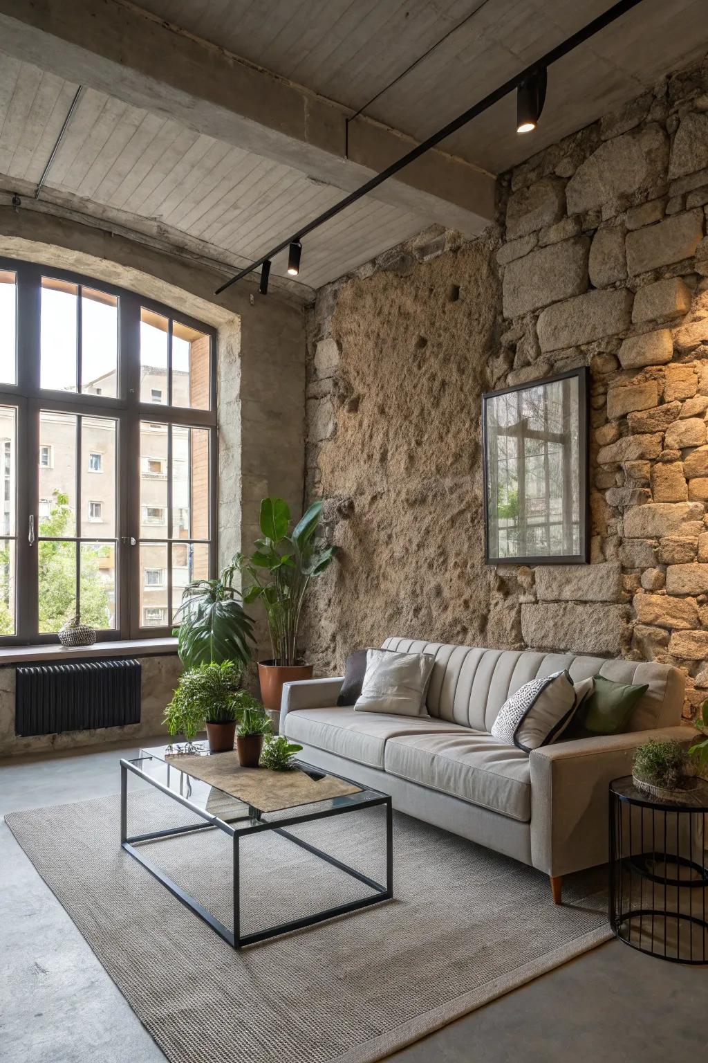 Stone and concrete add a sleek and industrial charm.