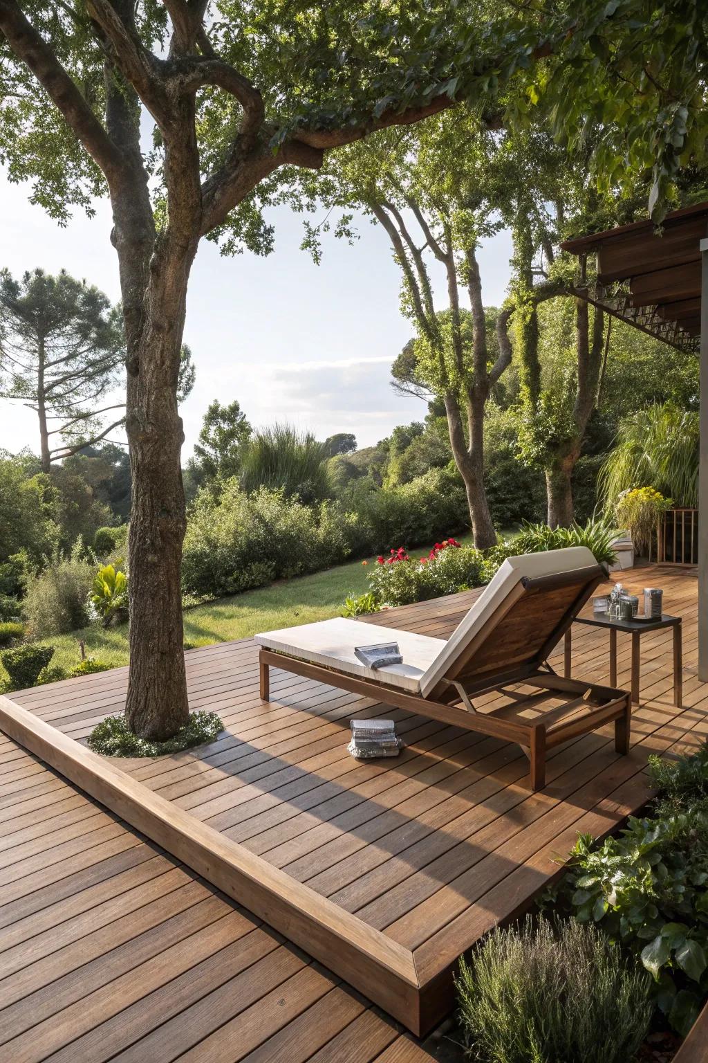 Discover a serene escape with this handcrafted freestanding deck, perfect for unwinding in nature's embrace.