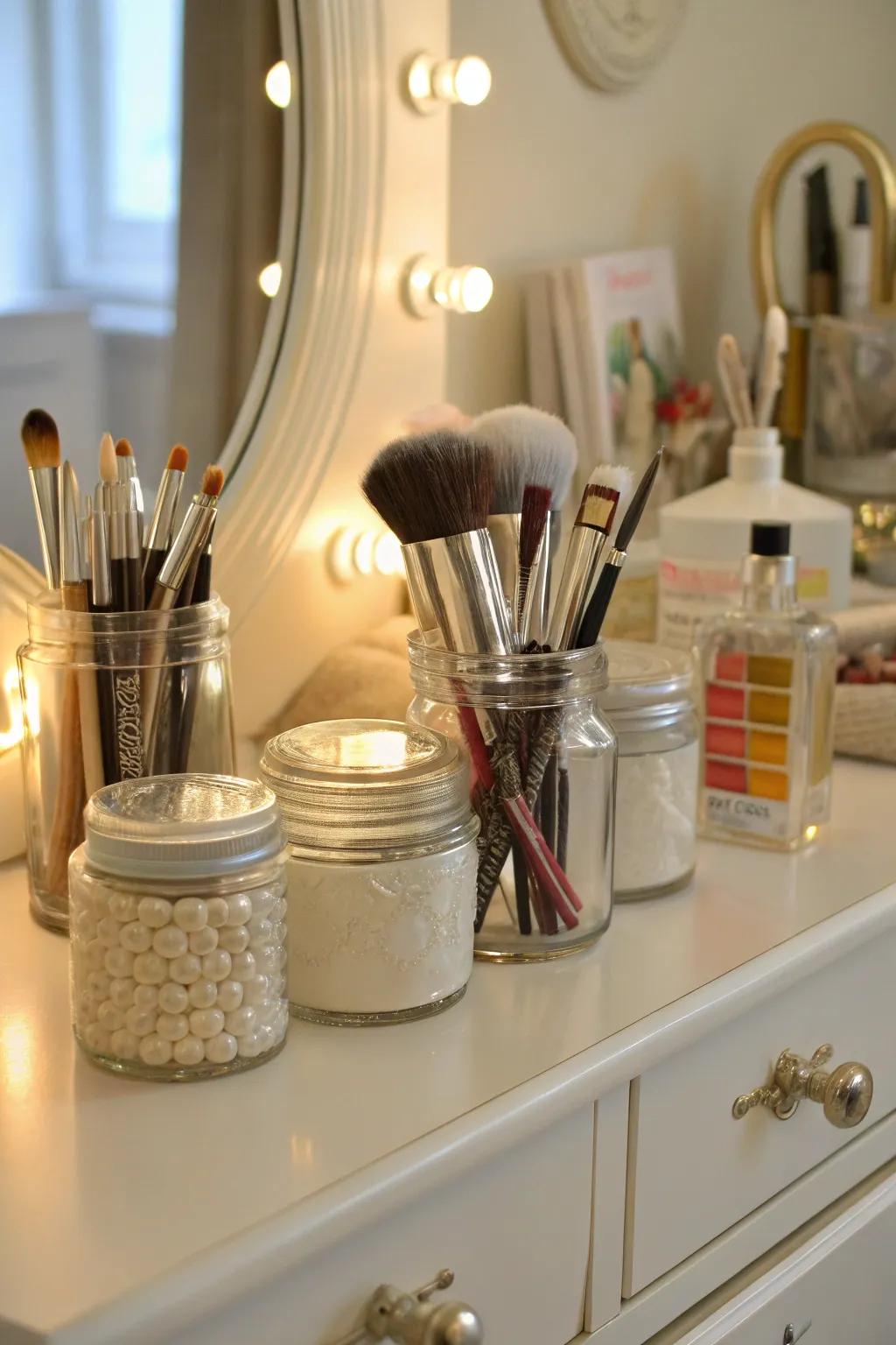 Repurposed jars offer an eco-friendly and stylish way to store brushes.