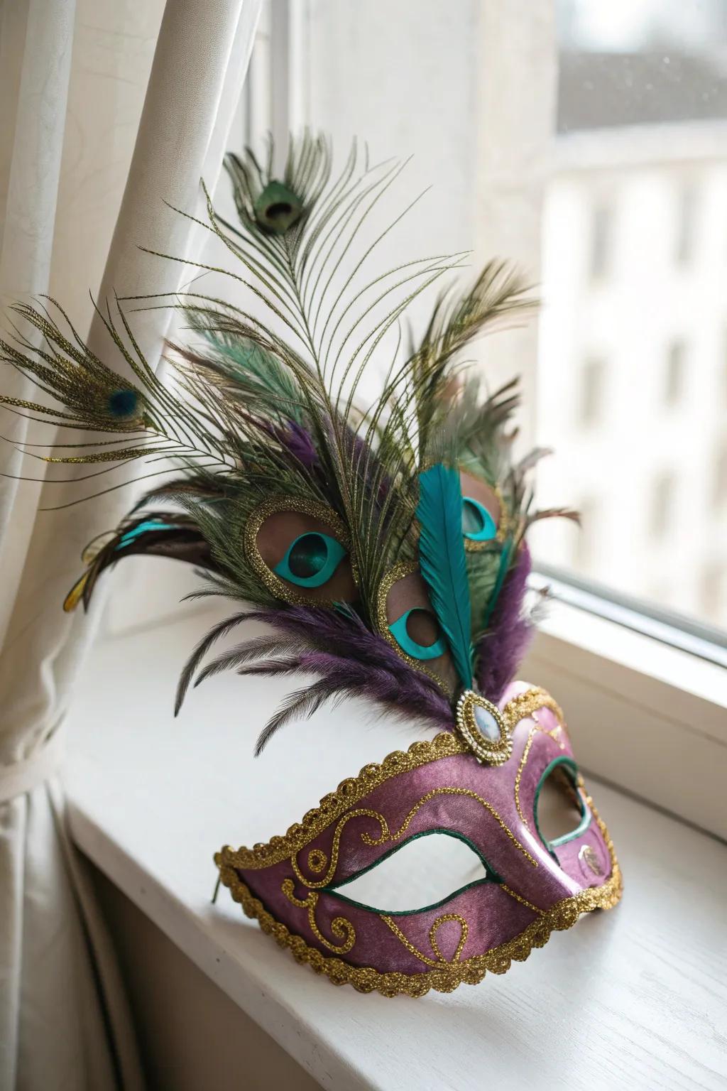 Unleash your Feathered Fantasy with this stunning Mardi Gras mask that combines vibrant colors and intricate craftsmanship.