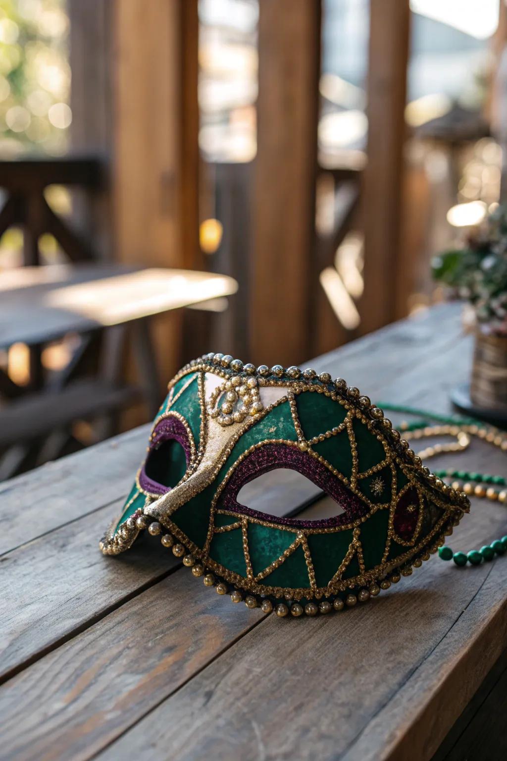 Discover the art of Beaded Elegance: Transform your Mardi Gras mask with upcycled treasures.