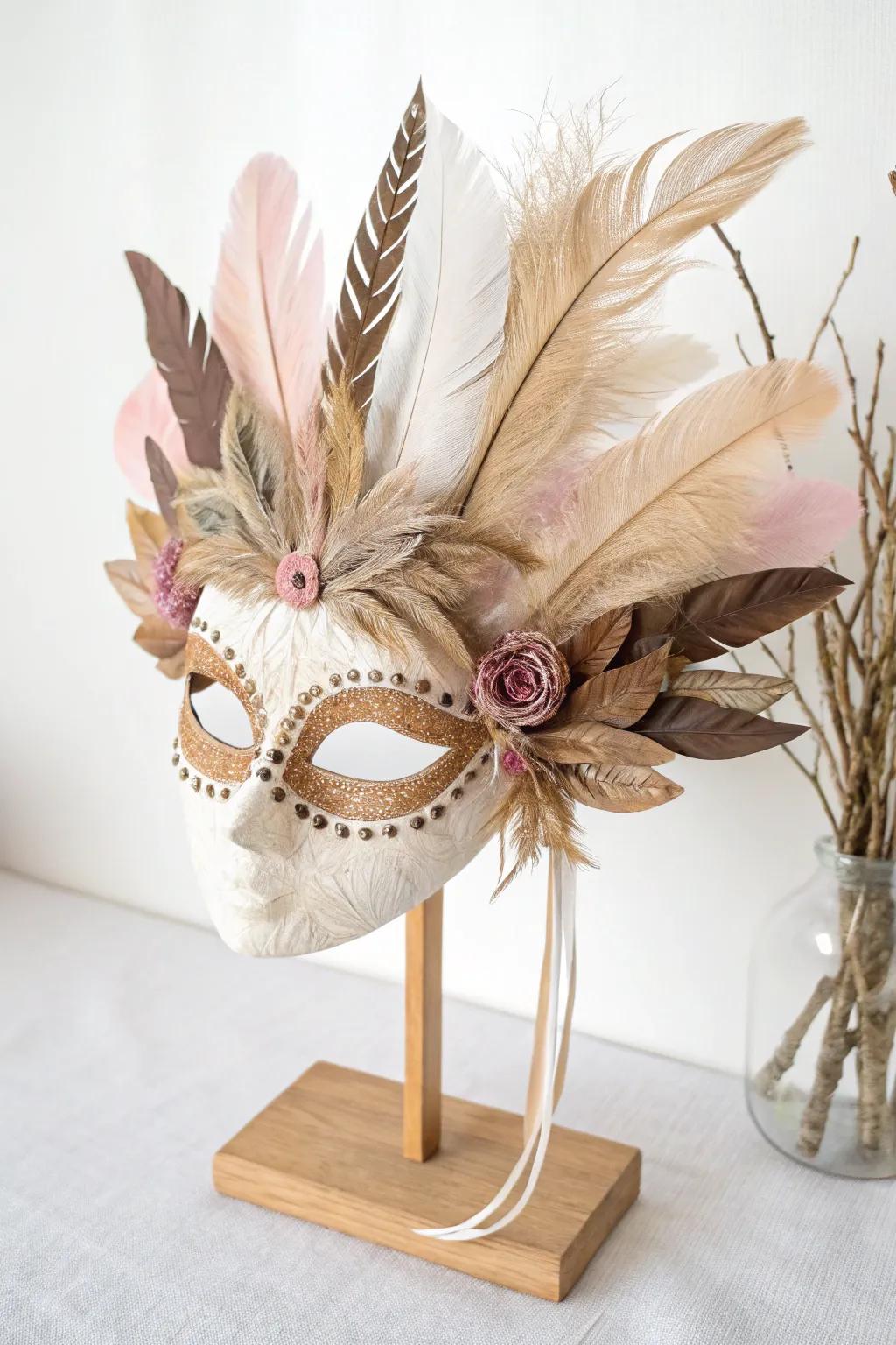 Transform your mask into a feathered fantasy with a touch of boho elegance.