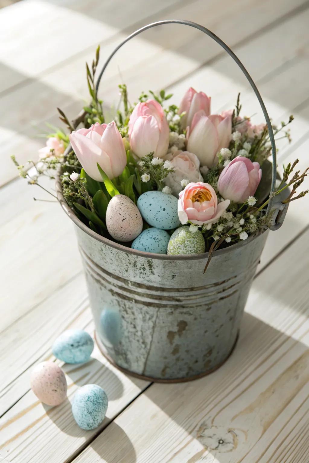Embrace spring's gentle charm with a whimsical bucket of pastel blooms and eggs.