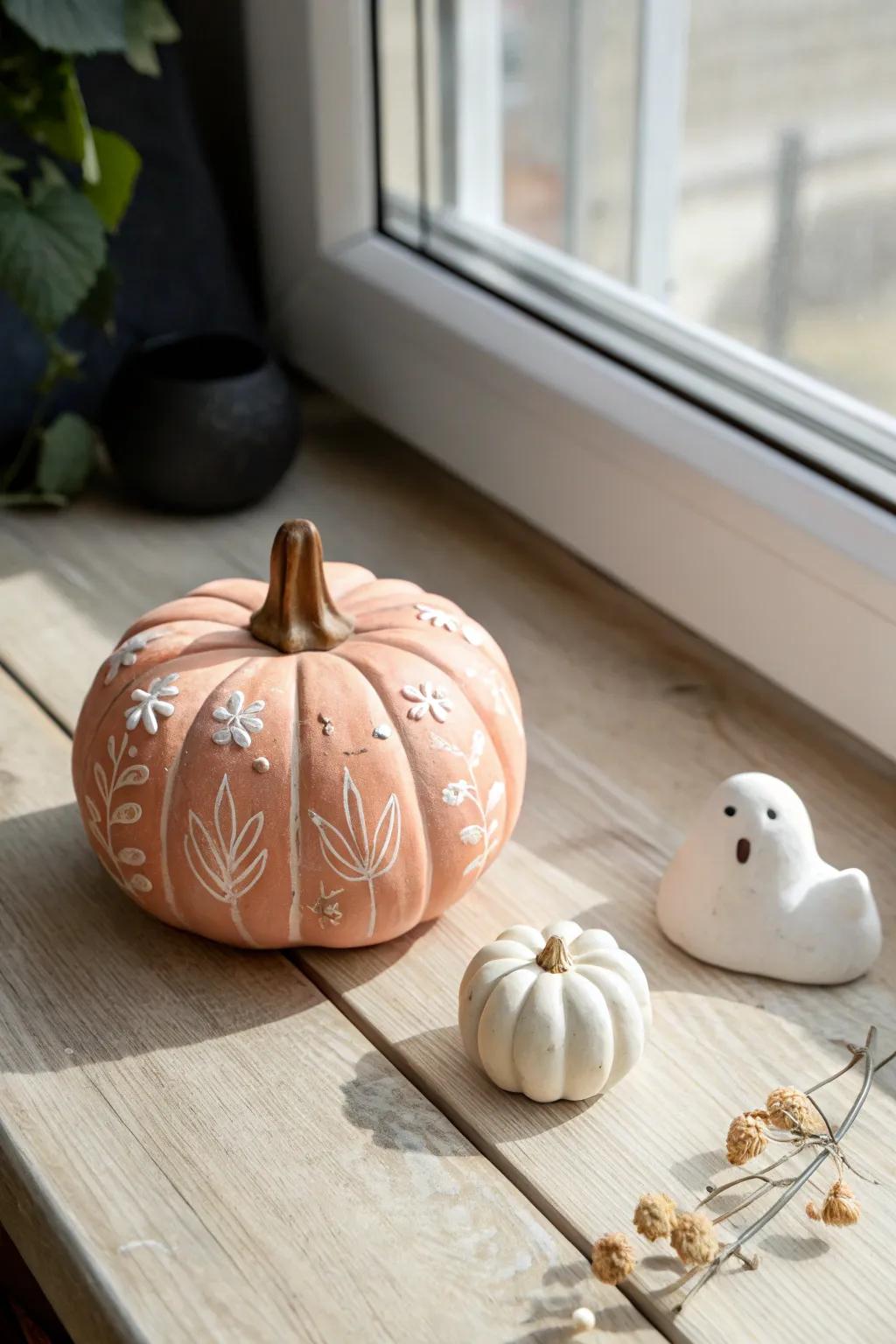 Embrace the festive season with handcrafted charm: Mini clay pumpkins and ghost figures add a touch of whimsy and warmth to your home decor.