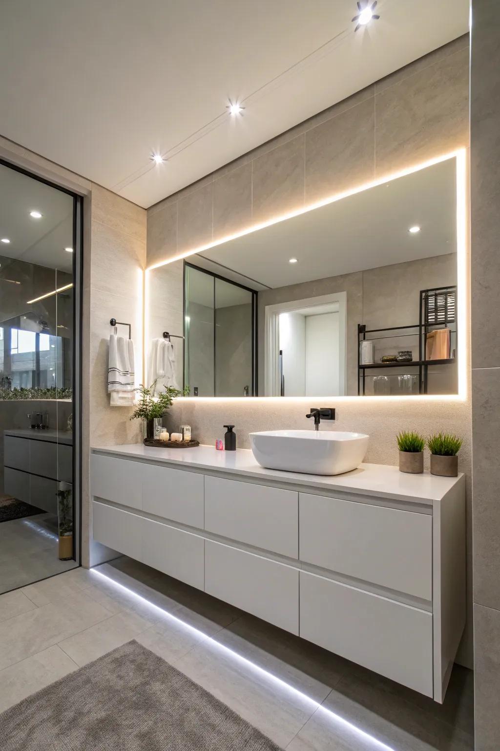 Ambient LED lighting enhances the modern design of bathroom cabinets.