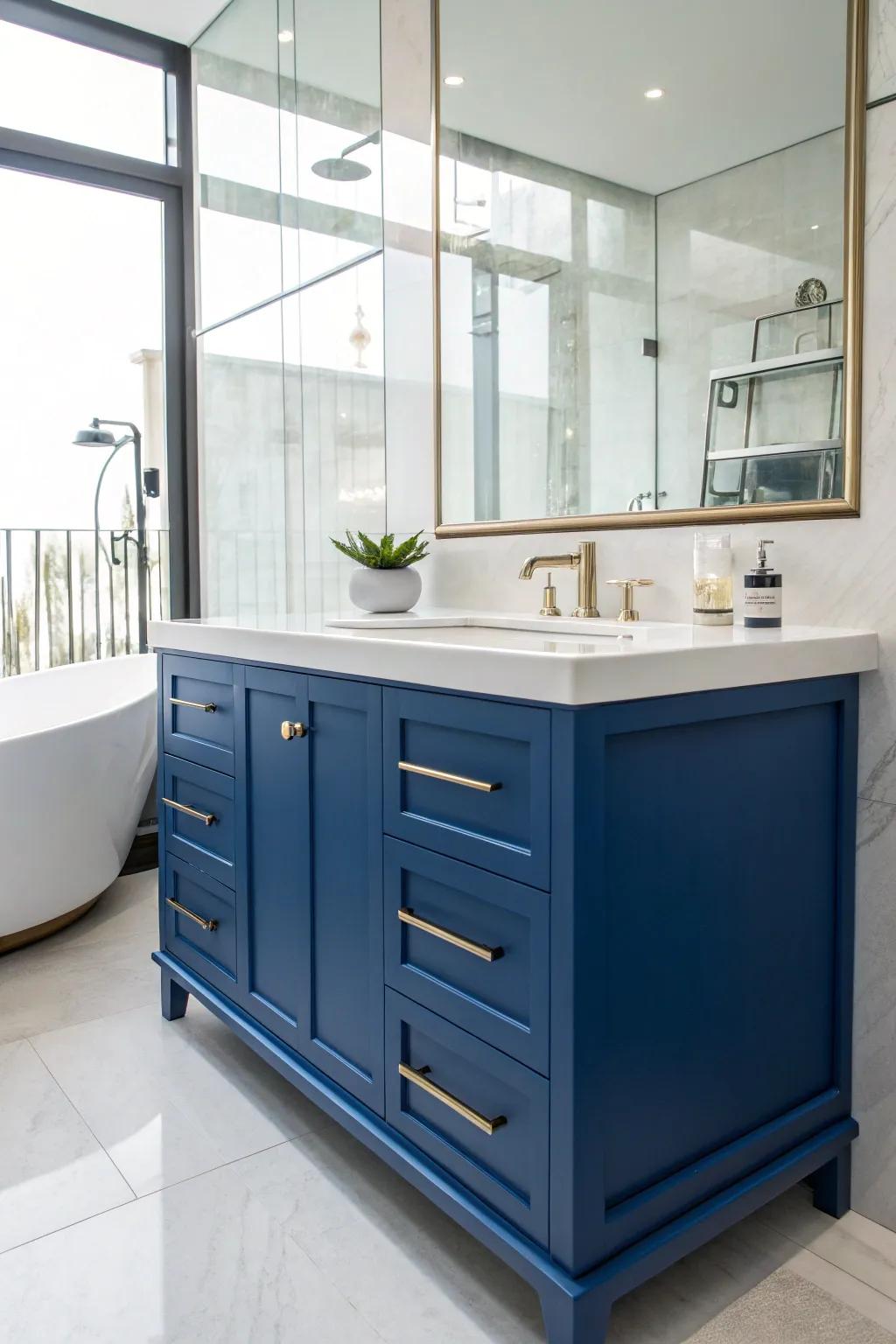 A cobalt blue vanity stands out as a bold centerpiece in this chic bathroom.