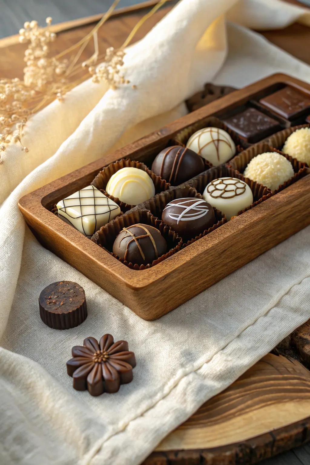 Indulge in the art of sweetness with this exquisite selection of artisan chocolates.