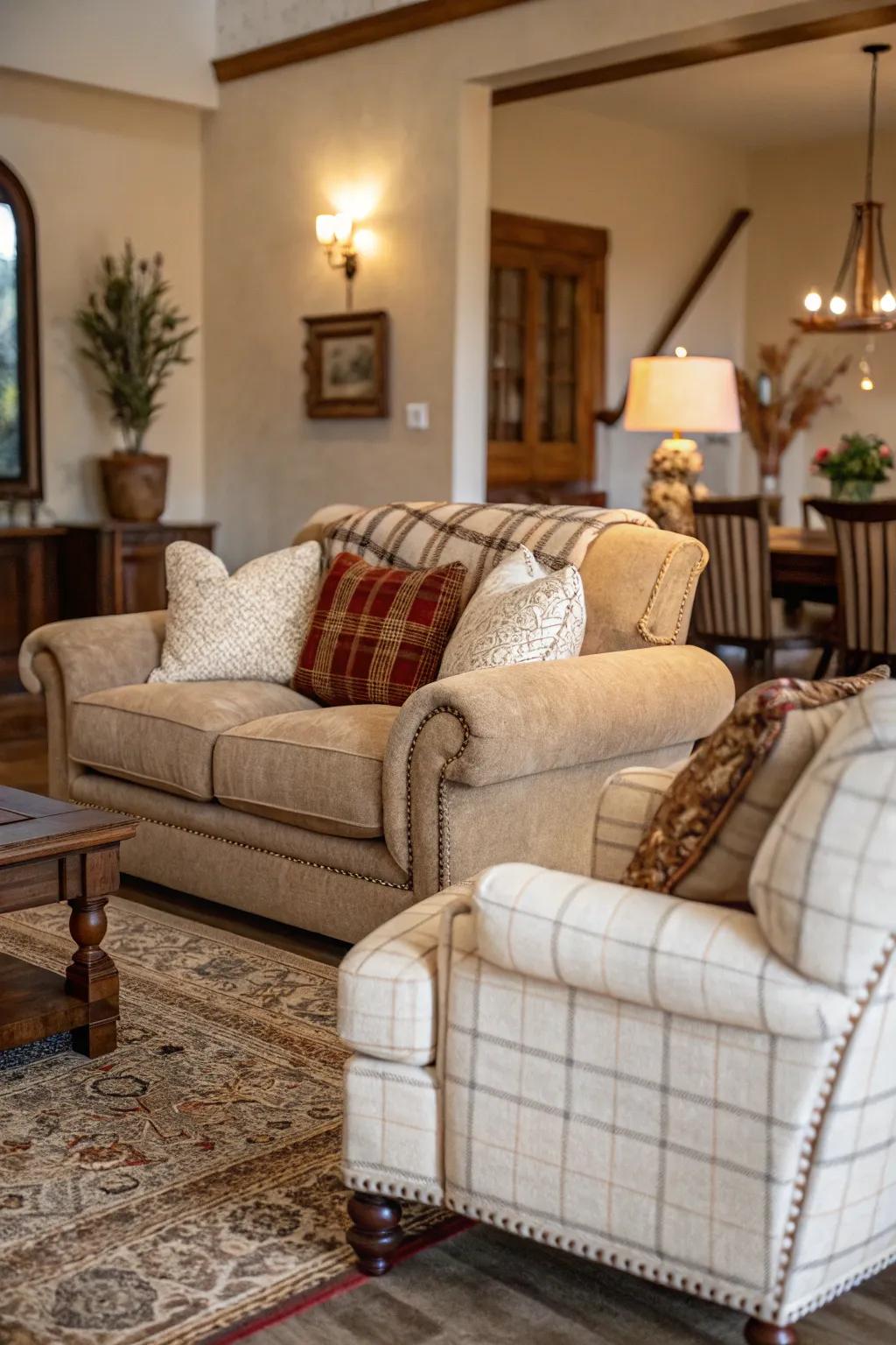 Plush furniture invites you to relax and unwind.