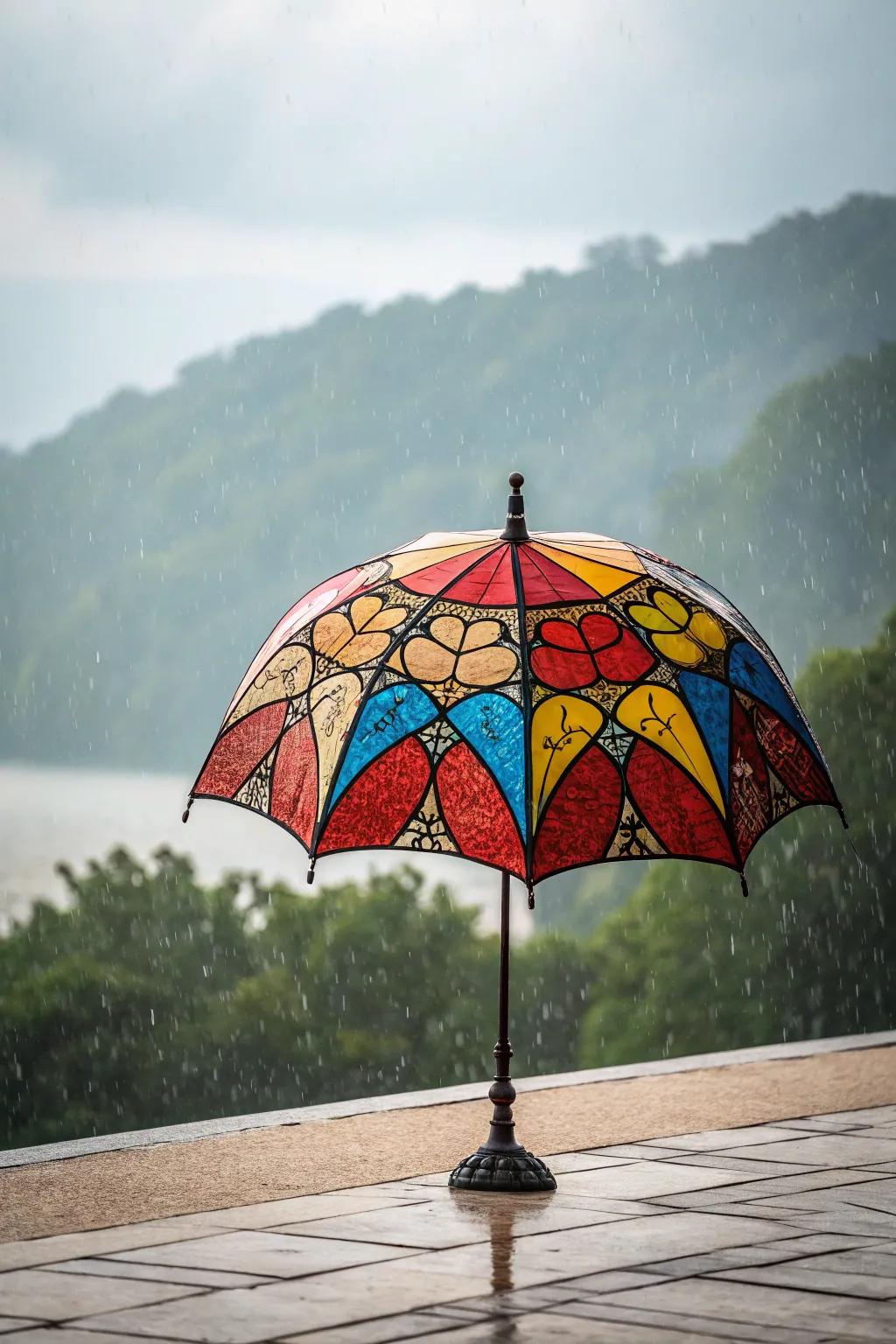 Add a splash of color and story to your space with this charming mosaic art of an umbrella under the rain.