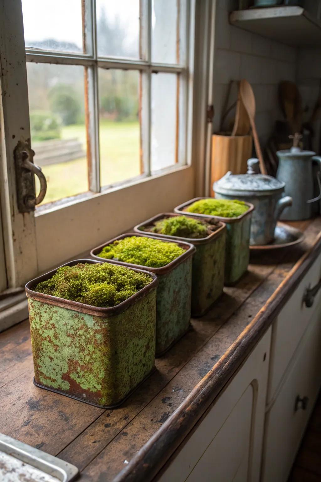Vintage tea tins transformed into adorable moss planters.
