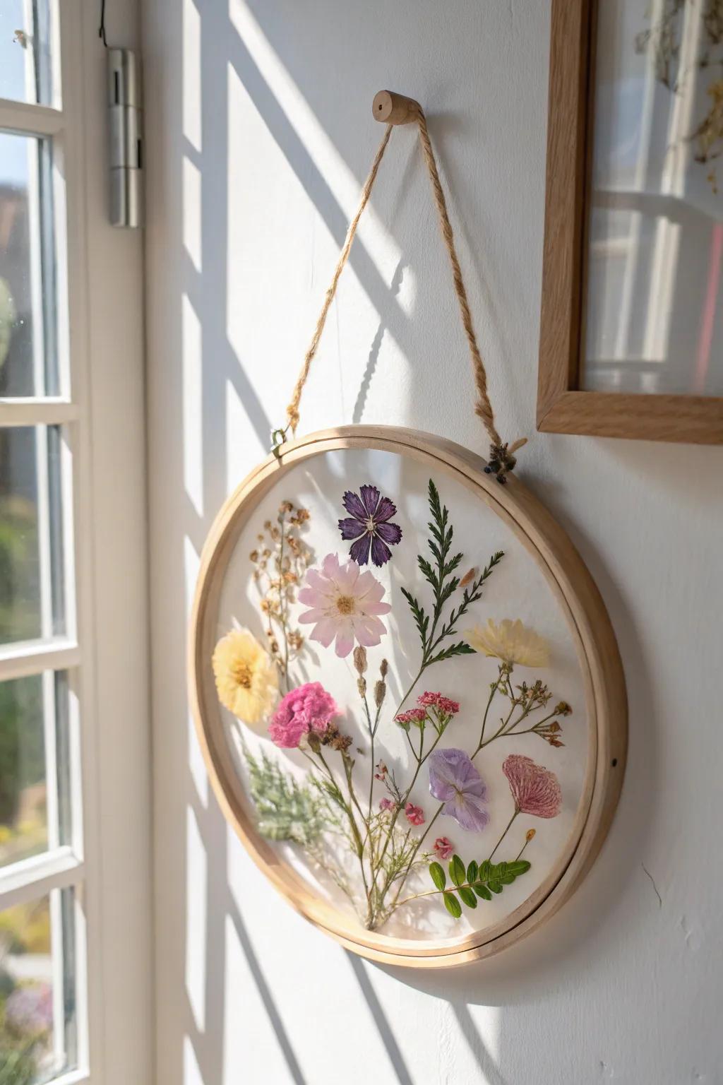 Capture spring's essence with a pressed flower suncatcher, a delightful craft for Mother's Day!