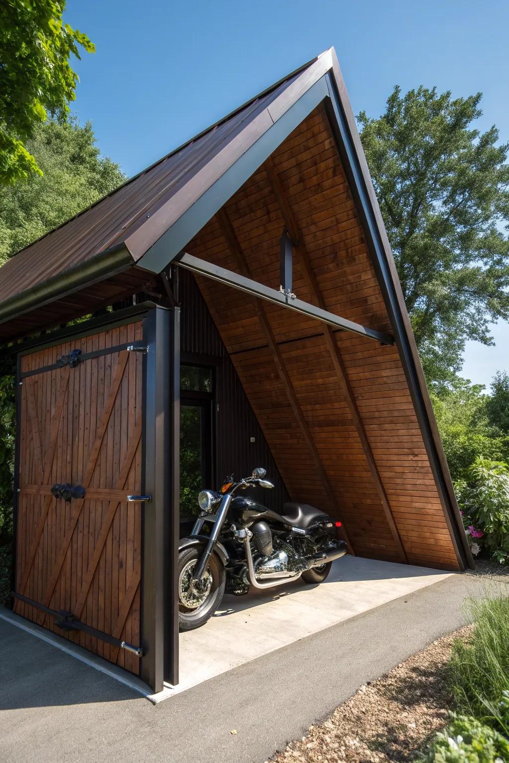 Discover the perfect blend of form and function with this stunning A-Frame motorcycle shed.