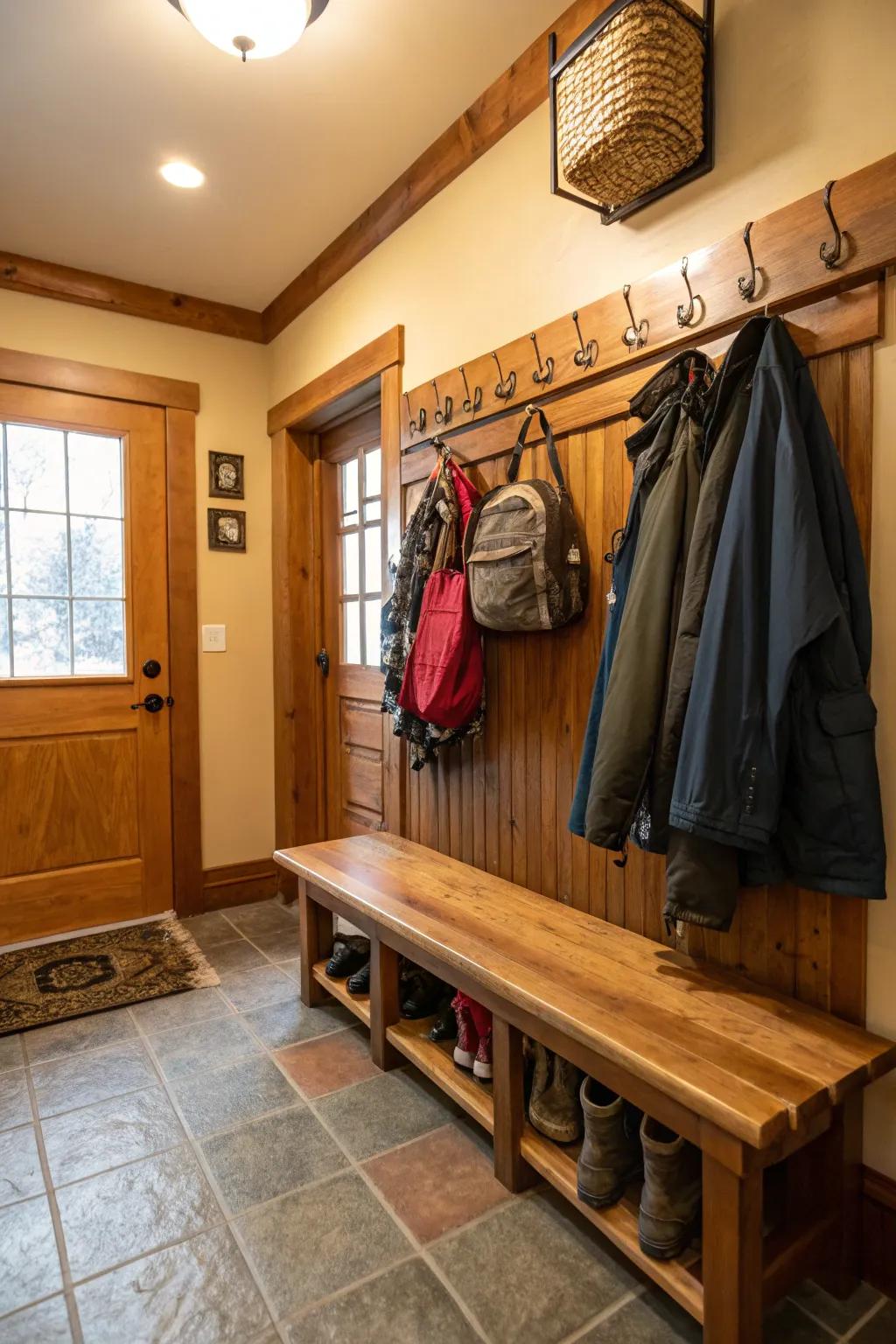 Practical benches and hooks for everyday convenience.