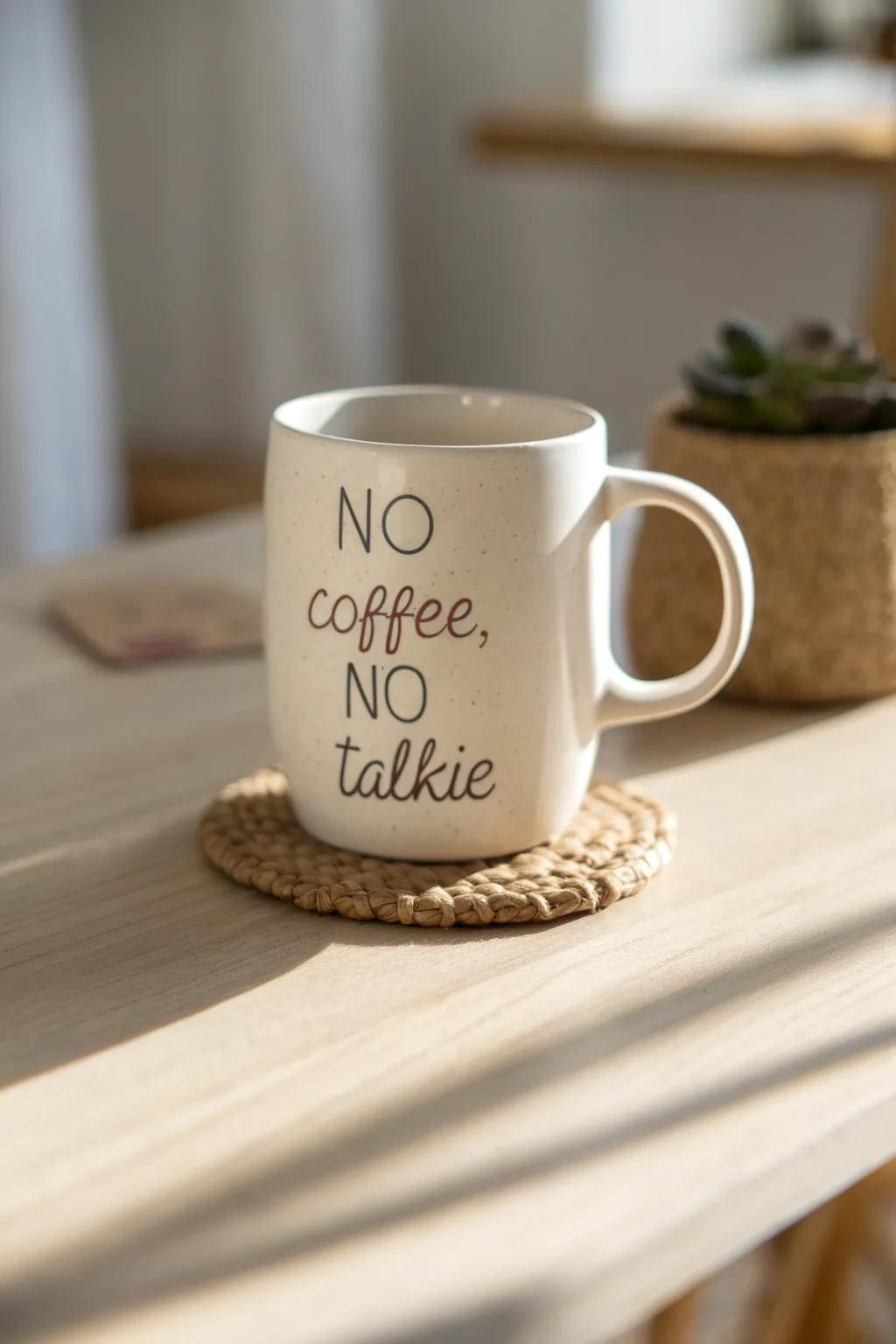 Start your day with a smile: 'No Coffee, No Talkie' mug for a touch of humor and style.