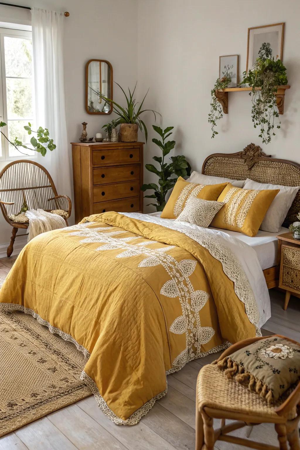 A bedroom that beautifully combines vintage charm with modern elements.