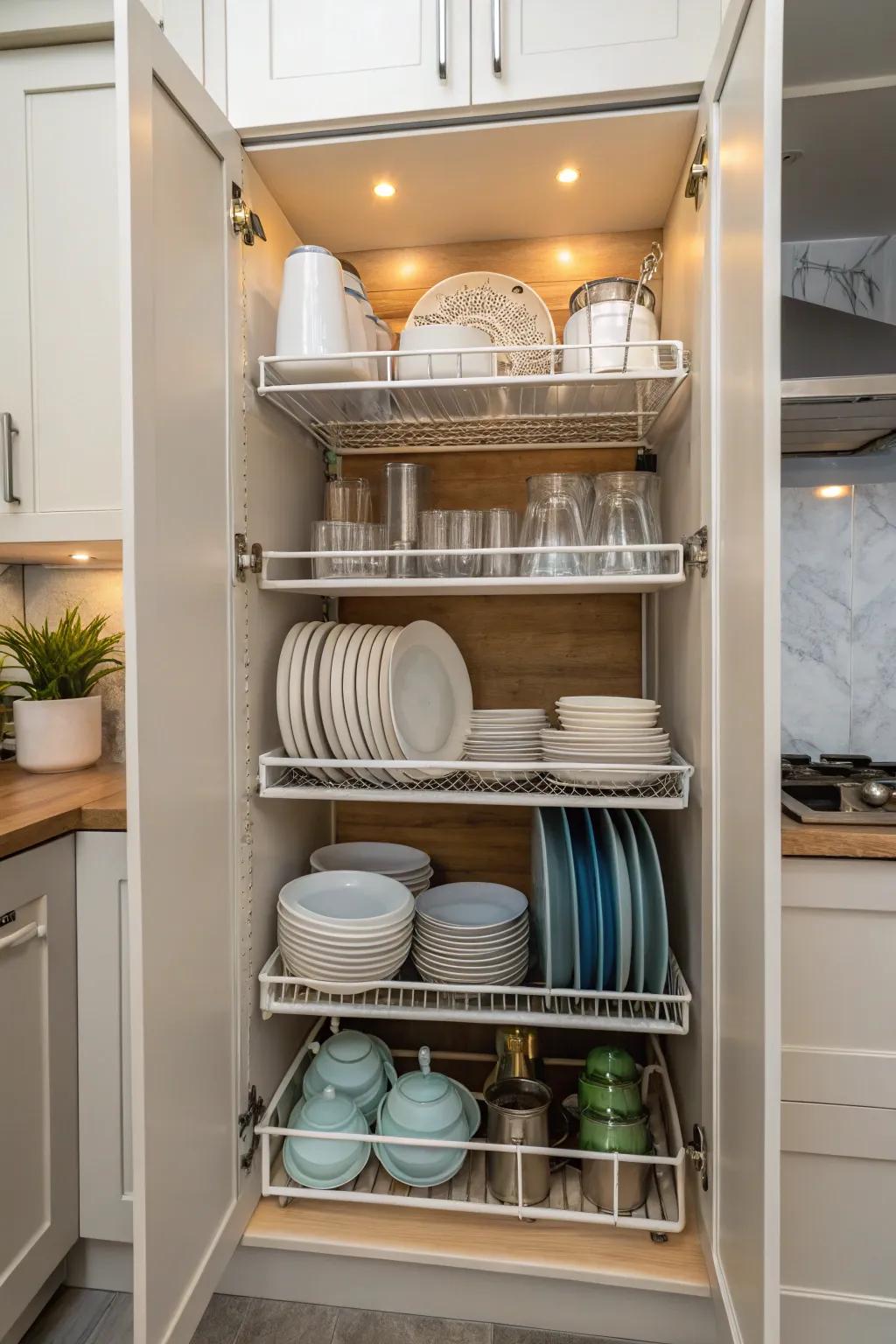A narrow cabinet with custom shelves holding multiple layers of kitchenware.
