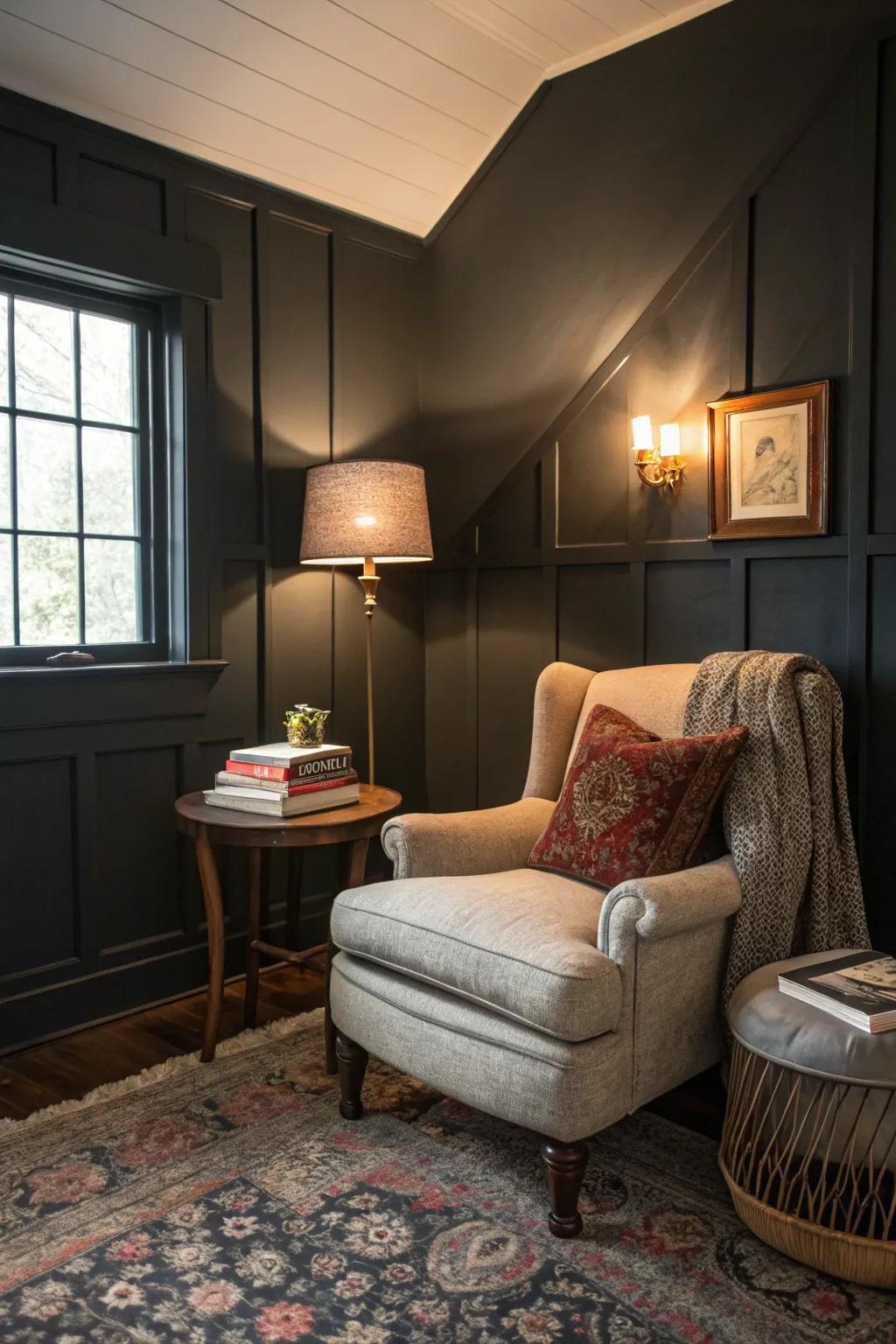 Dark hues create a cozy and intimate atmosphere.