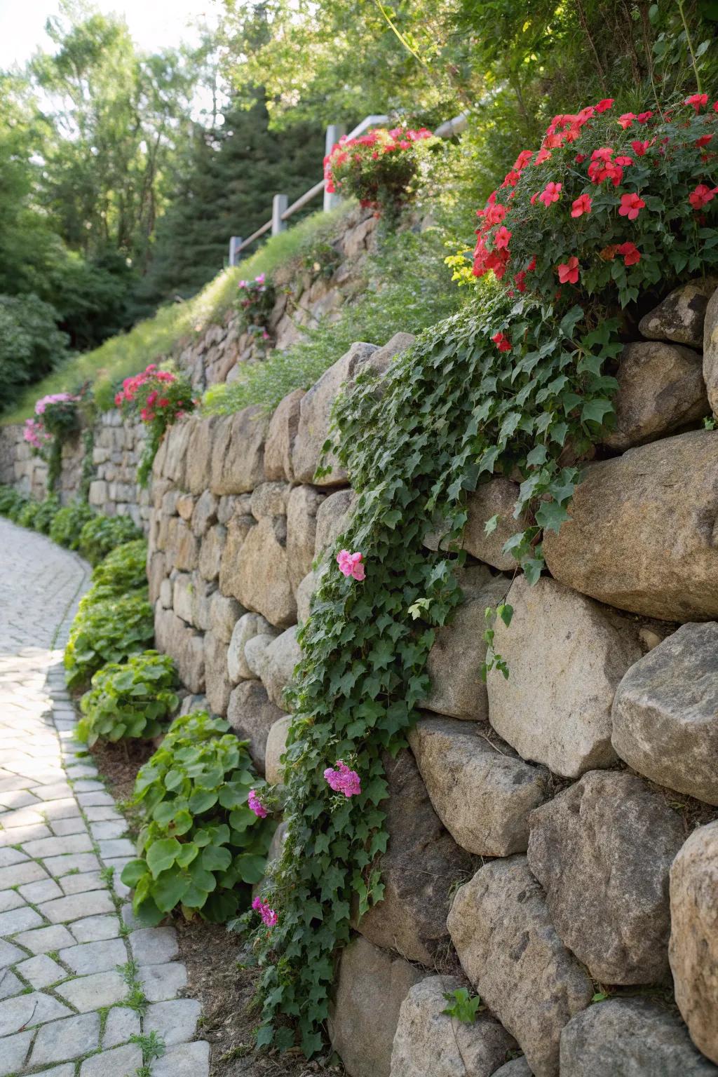 Transform your stone wall into a masterpiece of nature with lush greenery and vibrant blooms.