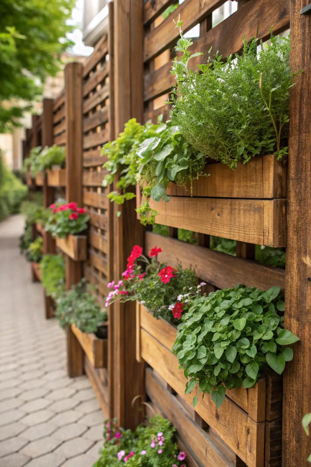 Transform your privacy screen into a living masterpiece with a vertical garden.