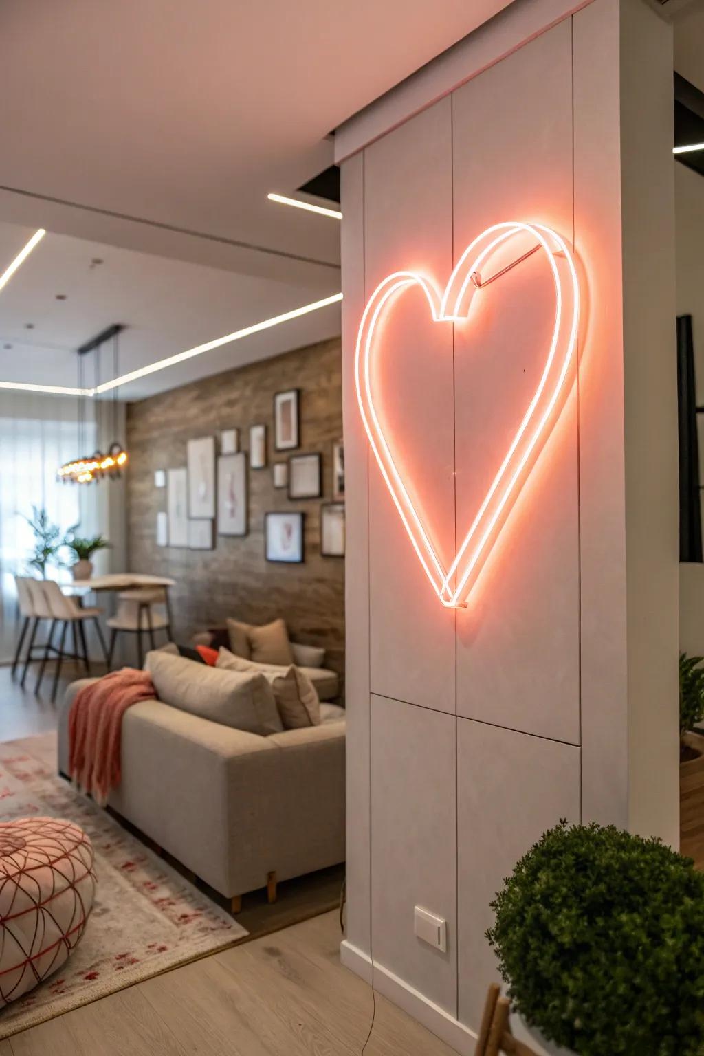 A neon heart sign adds warmth and character to a modern living room.