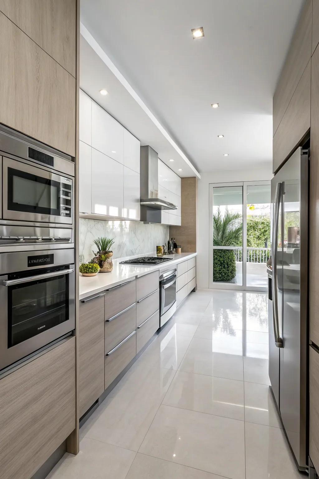 A kitchen featuring integrated stainless steel appliances, enhancing its sleek, modern design.