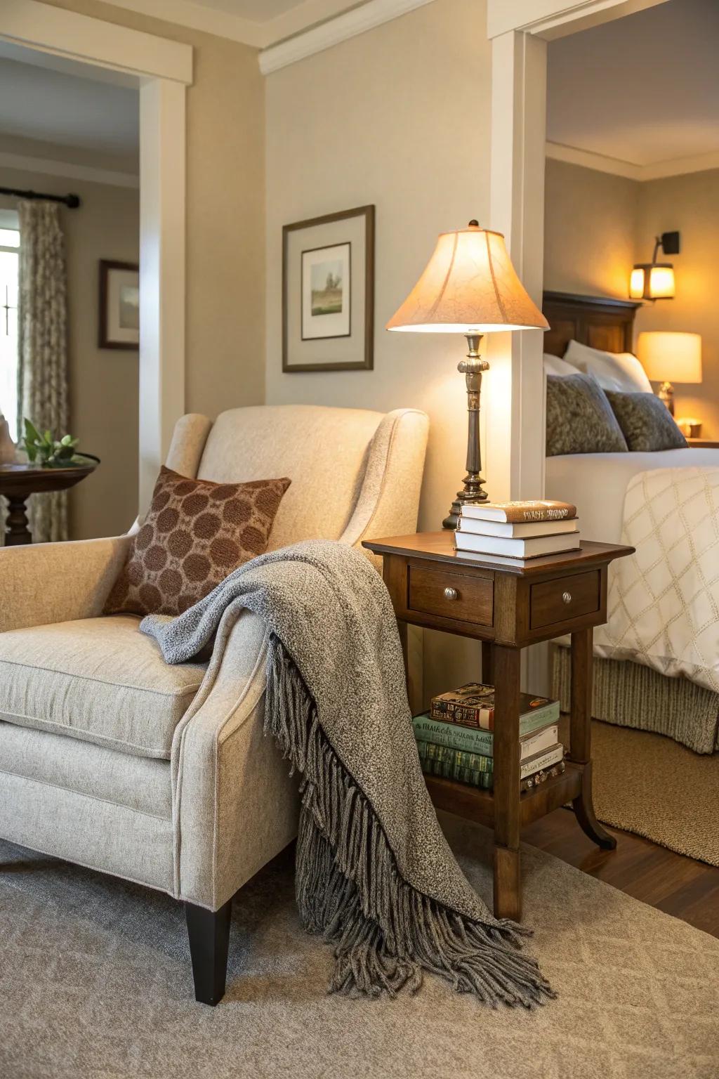 A reading nook offers a charming escape within your bedroom.