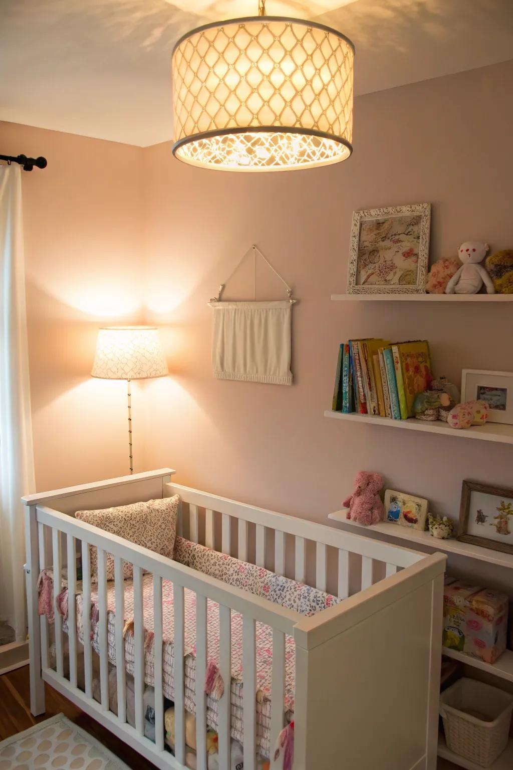 Soft lighting creates a calming environment for both baby and parents.