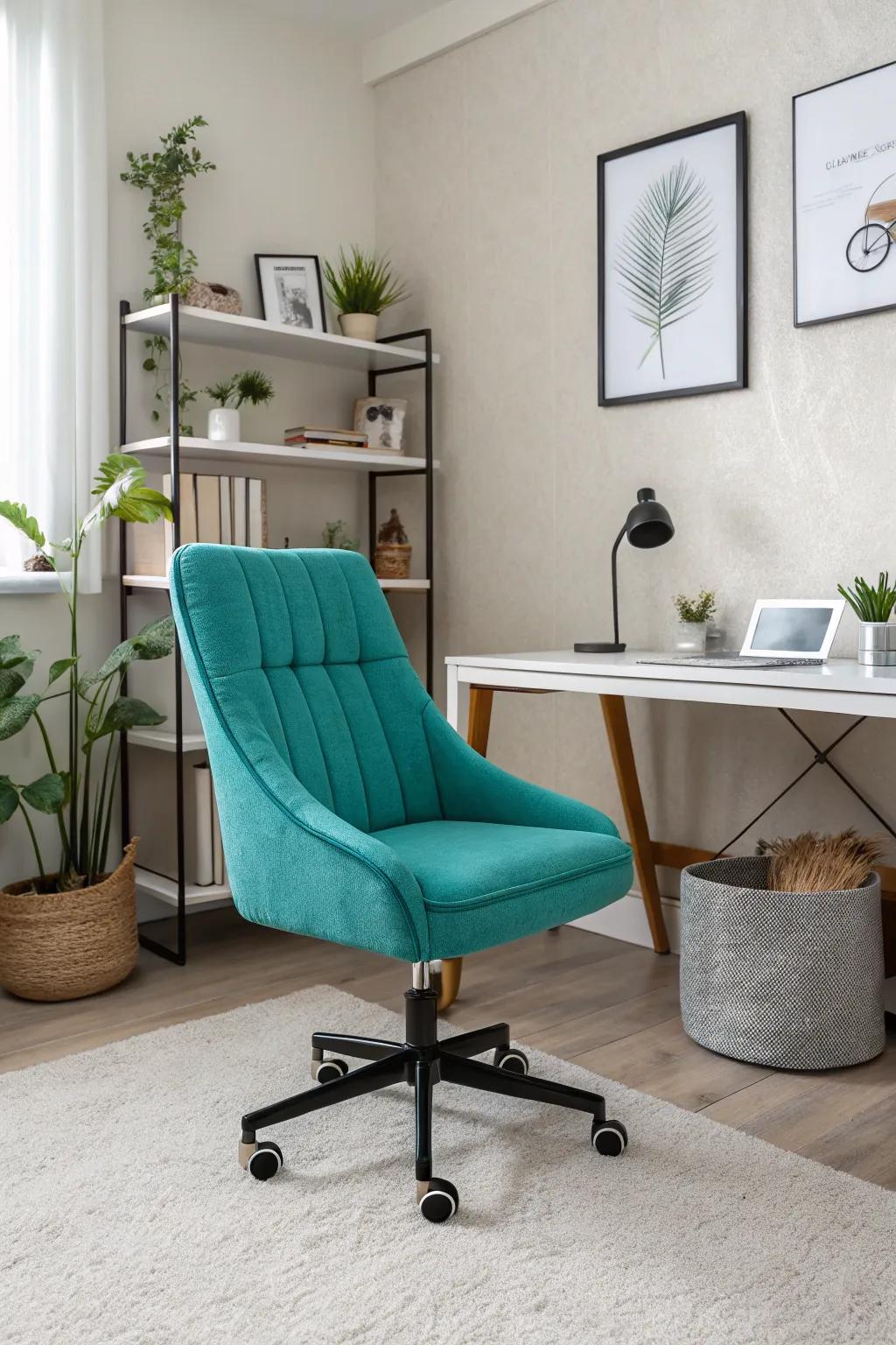 A bold teal chair can transform a neutral workspace into a vibrant haven.