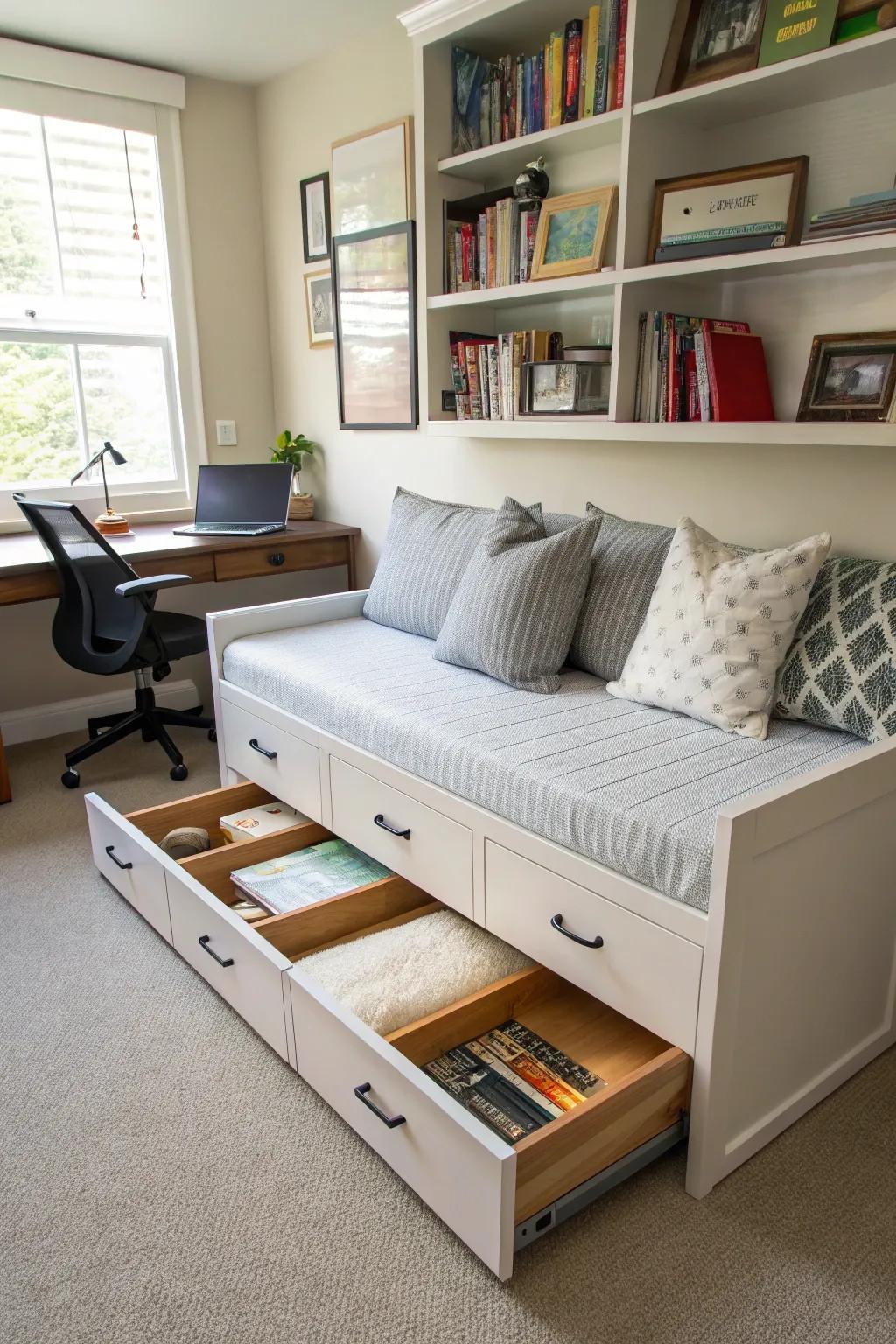 A daybed with hidden storage keeps your office clutter-free.