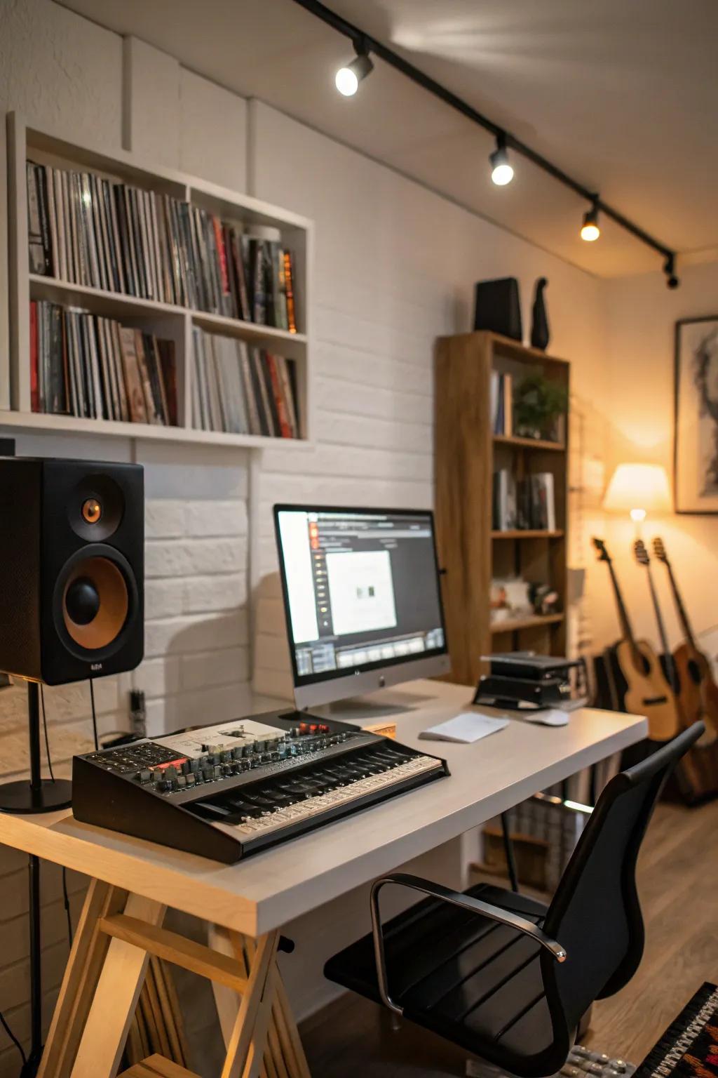 A multi-functional desk caters to both work and music.