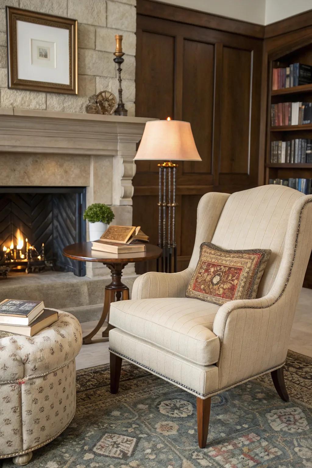 A cozy reading nook beside the fireplace.