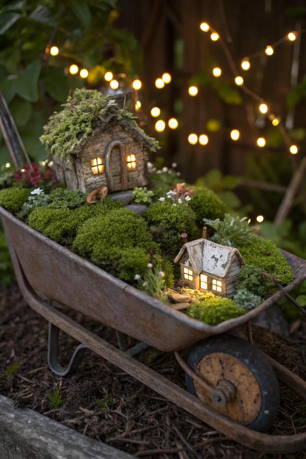 Transform an old wheelbarrow into a whimsical fairy garden masterpiece.