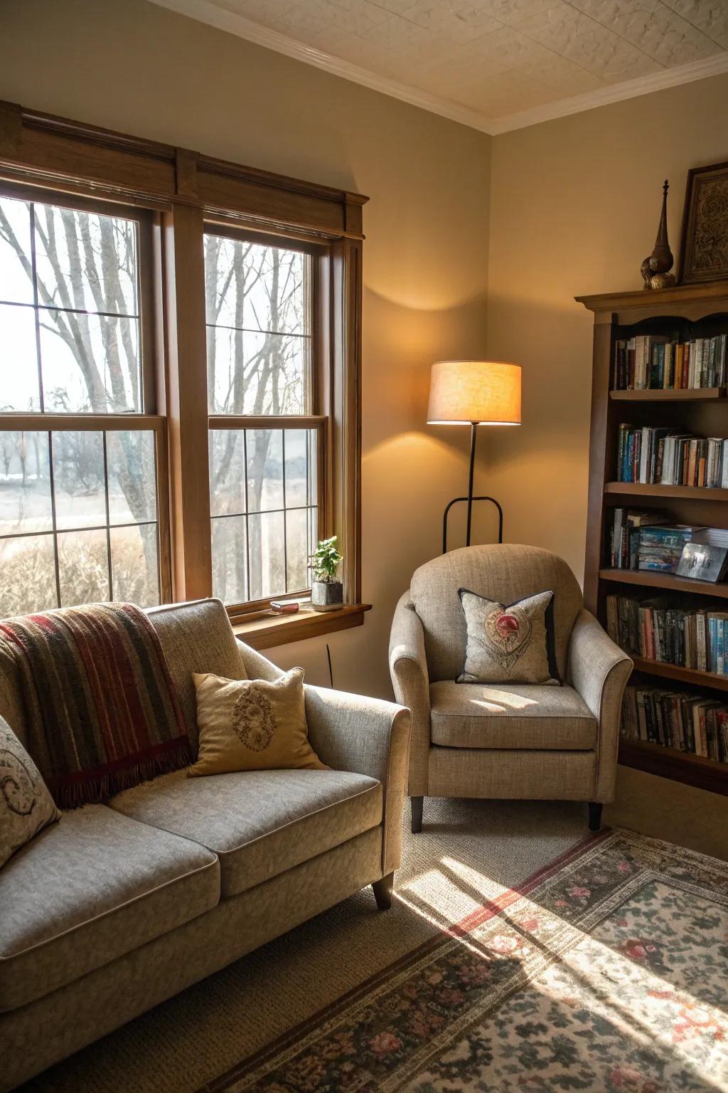 A comfortable reading nook with accent chairs flanking the couch.
