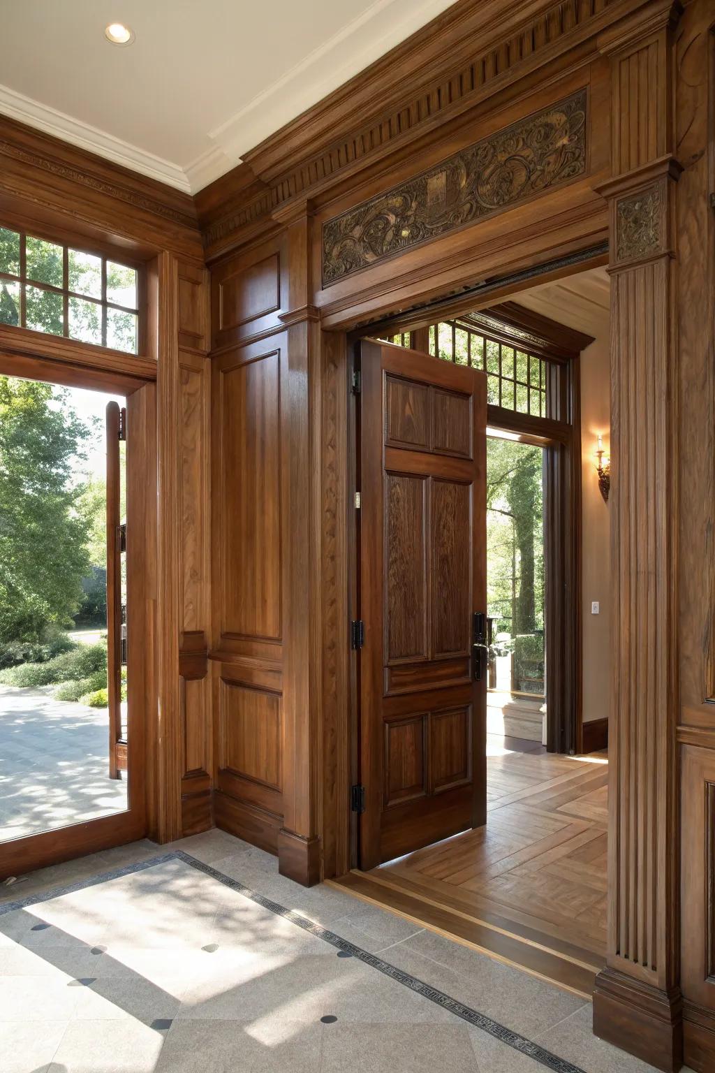 Elevate your space with a stunning mix of oak and walnut wood finishes for your doorway casing.