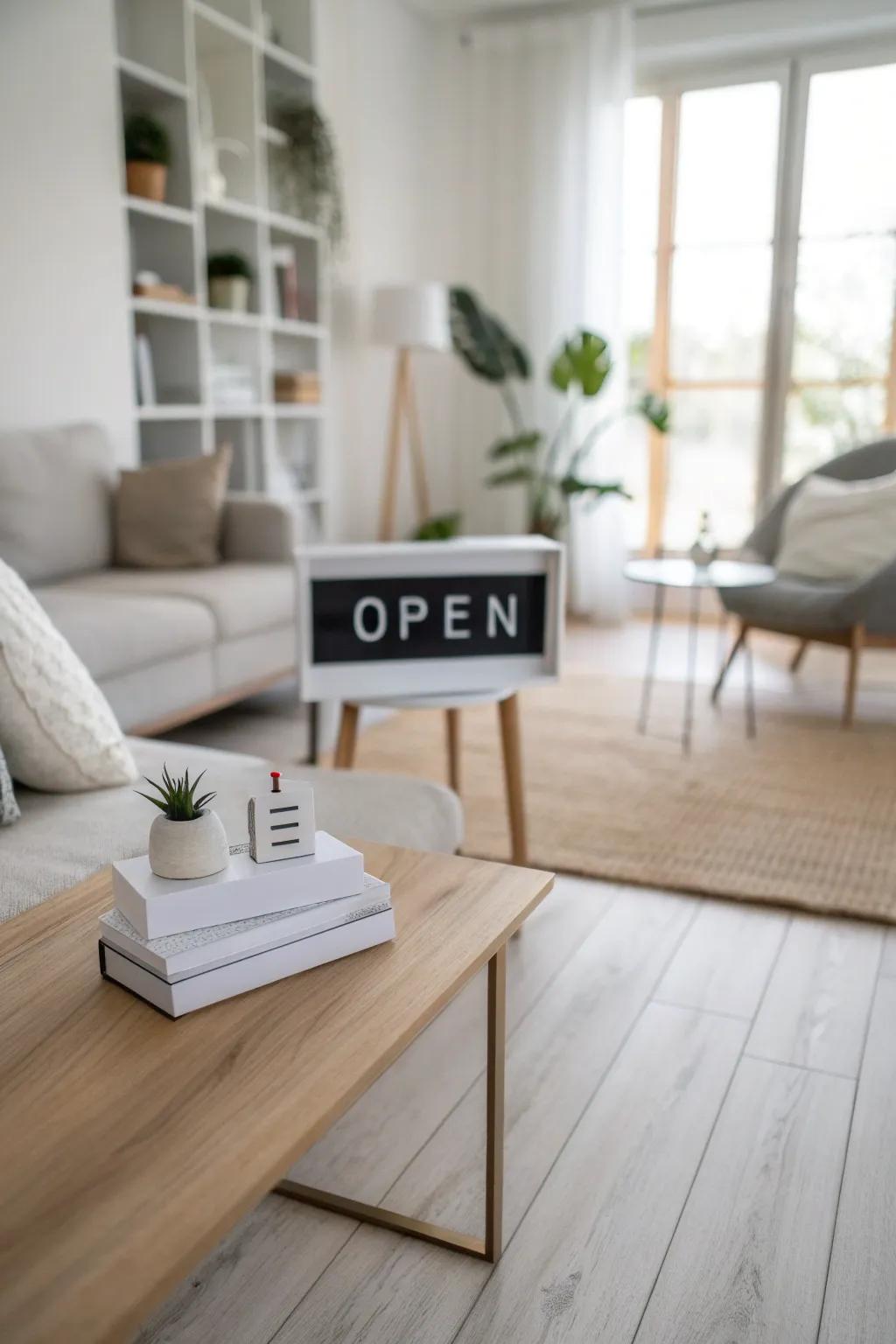 A modern open sign complements a minimalist aesthetic.