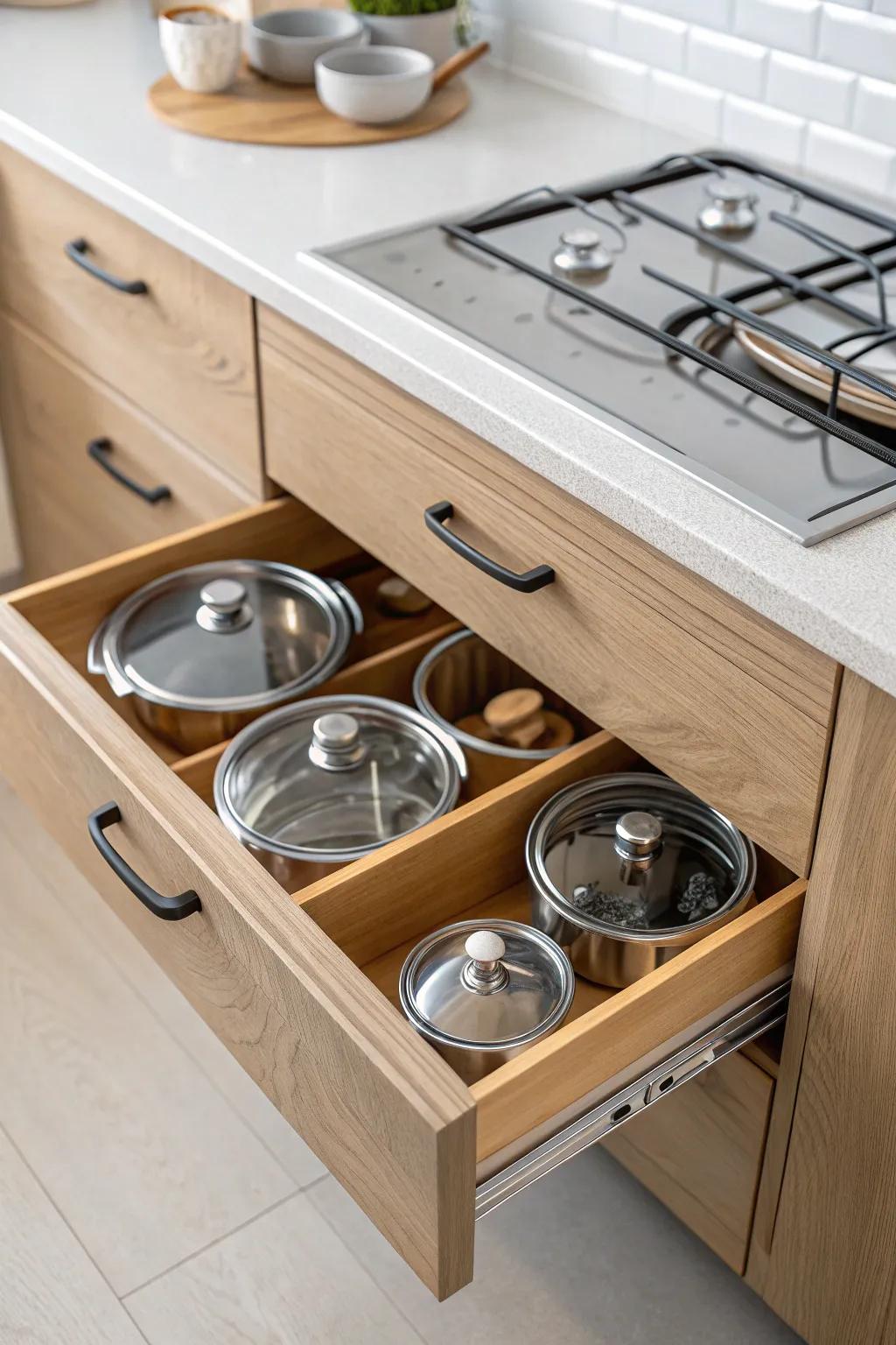 Transform chaos into calm with a chic lid storage solution. #KitchenOrganization #ScandinavianDesign #BohoMinimalism
