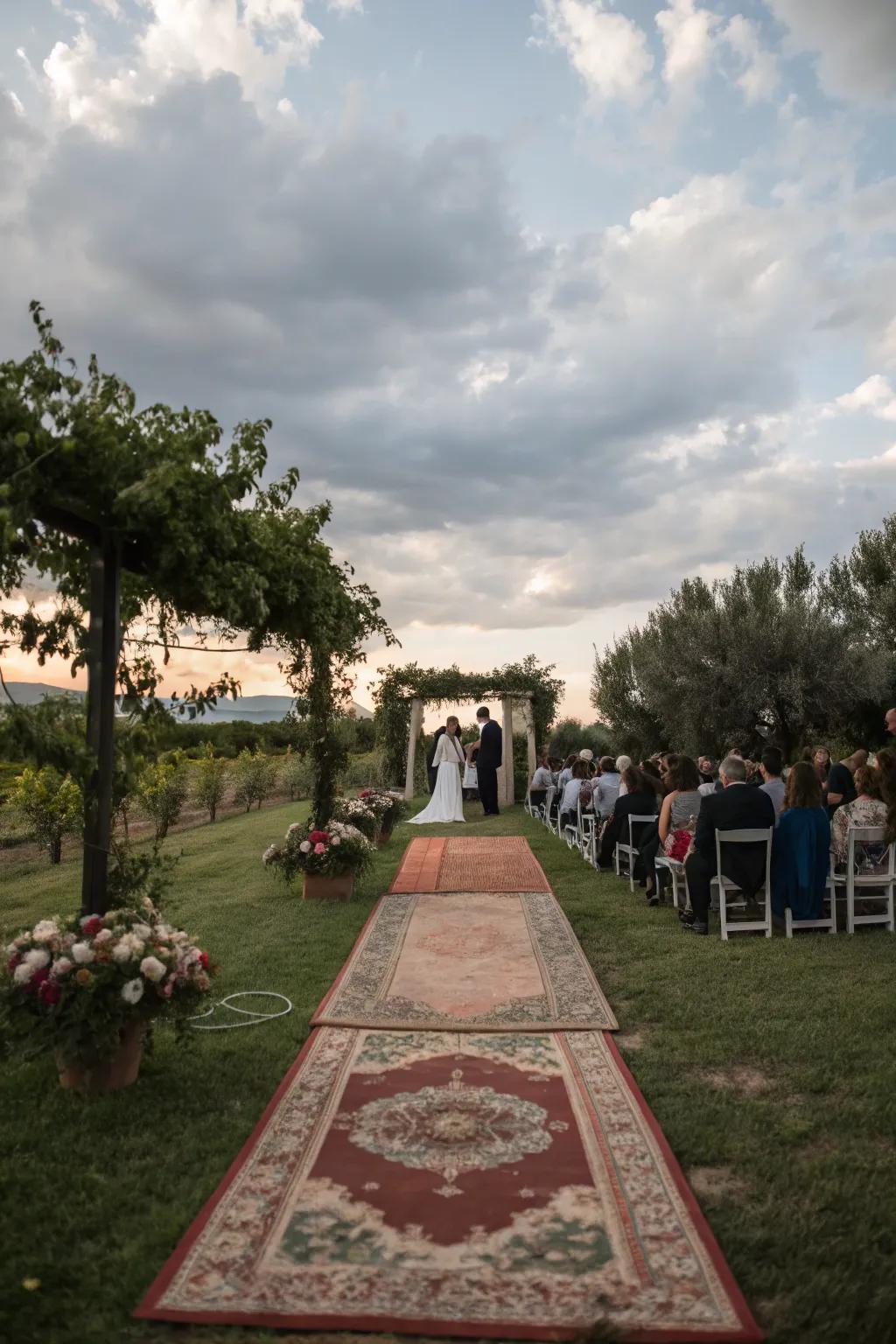 A charming pathway of vintage rugs leading to the wedding altar.