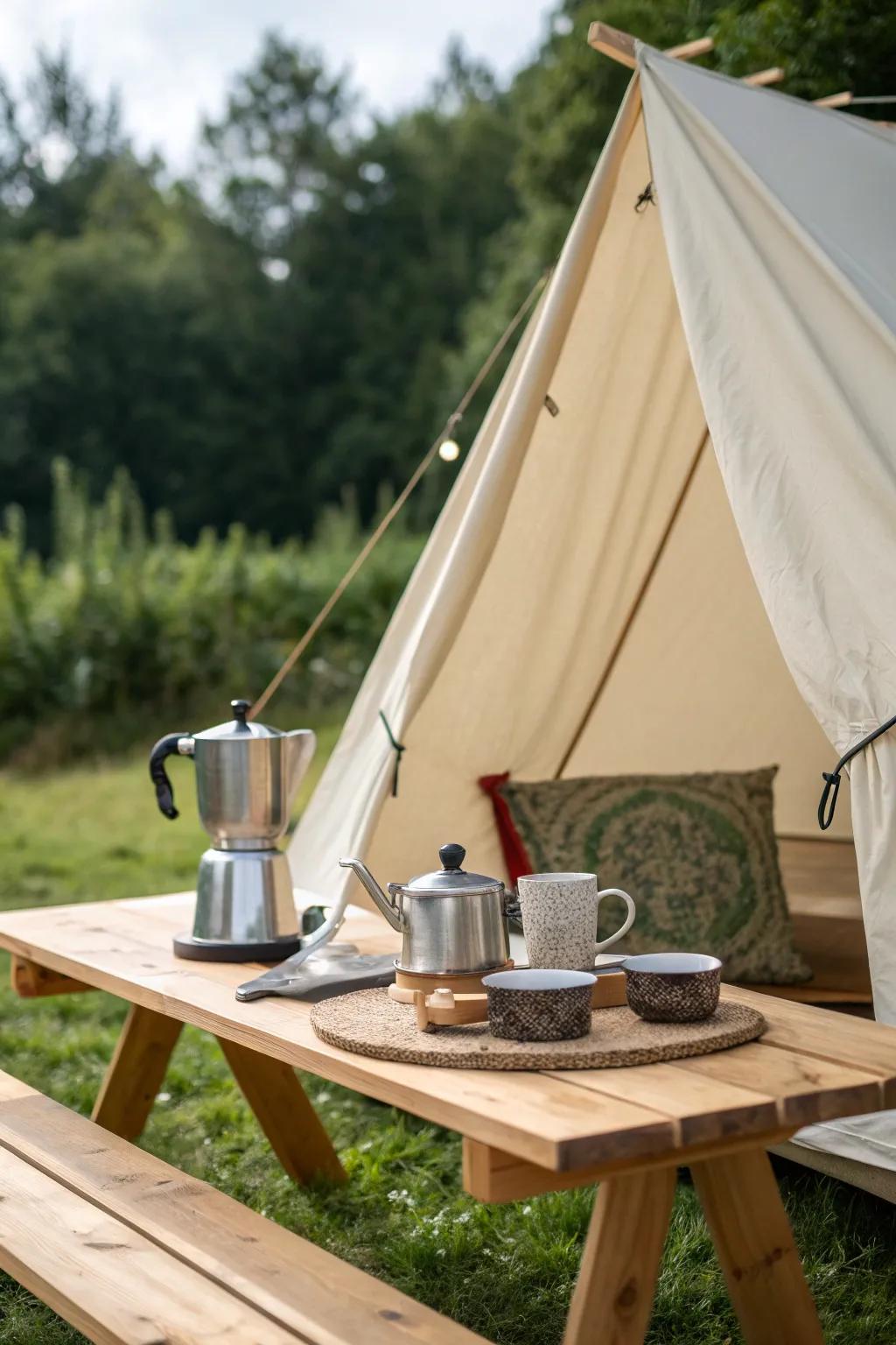 Embrace the elegance of simplicity with this serene outdoor kitchen setup, perfect for a rainy day retreat.