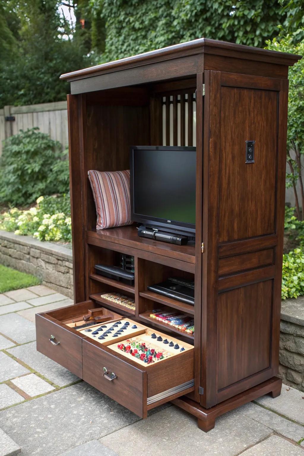 Elevate your outdoor space with this expertly crafted multi-functional TV cabinet, blending entertainment with elegant storage solutions.