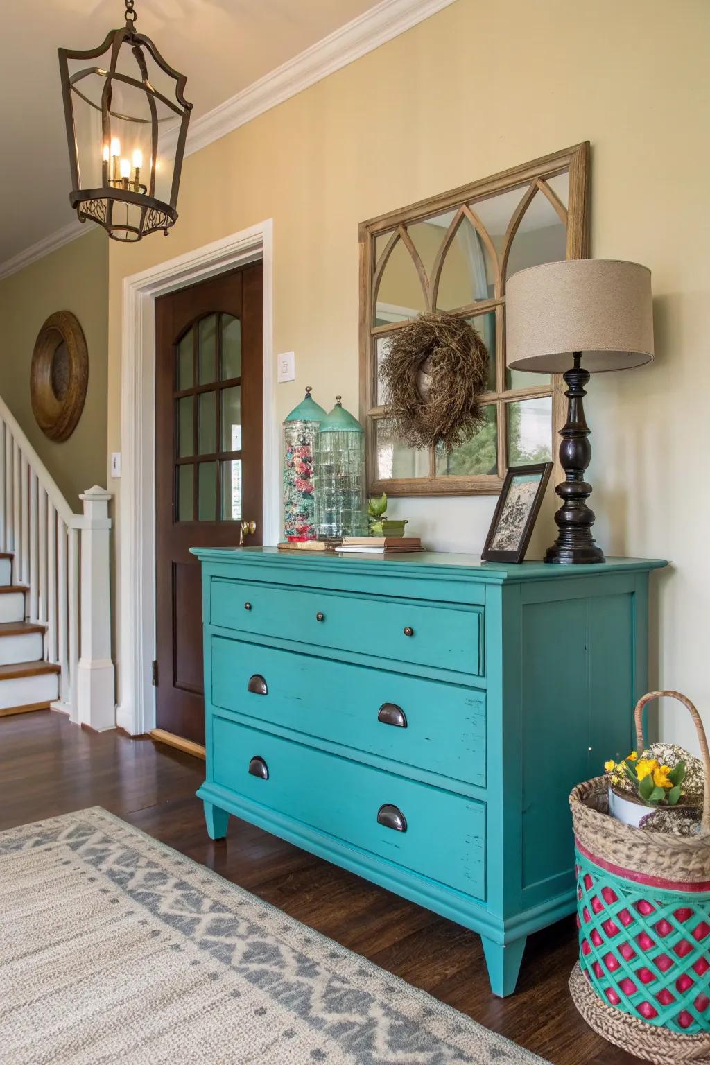 A bold teal-painted chest makes a striking entryway statement.