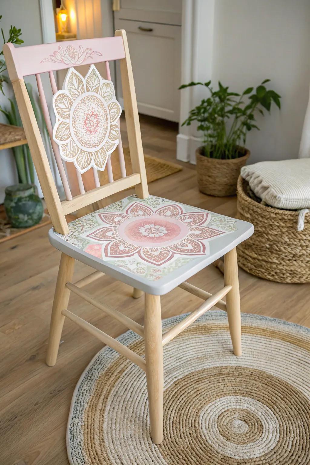 Add a touch of boho charm to your space with this beautifully painted mandala chair.