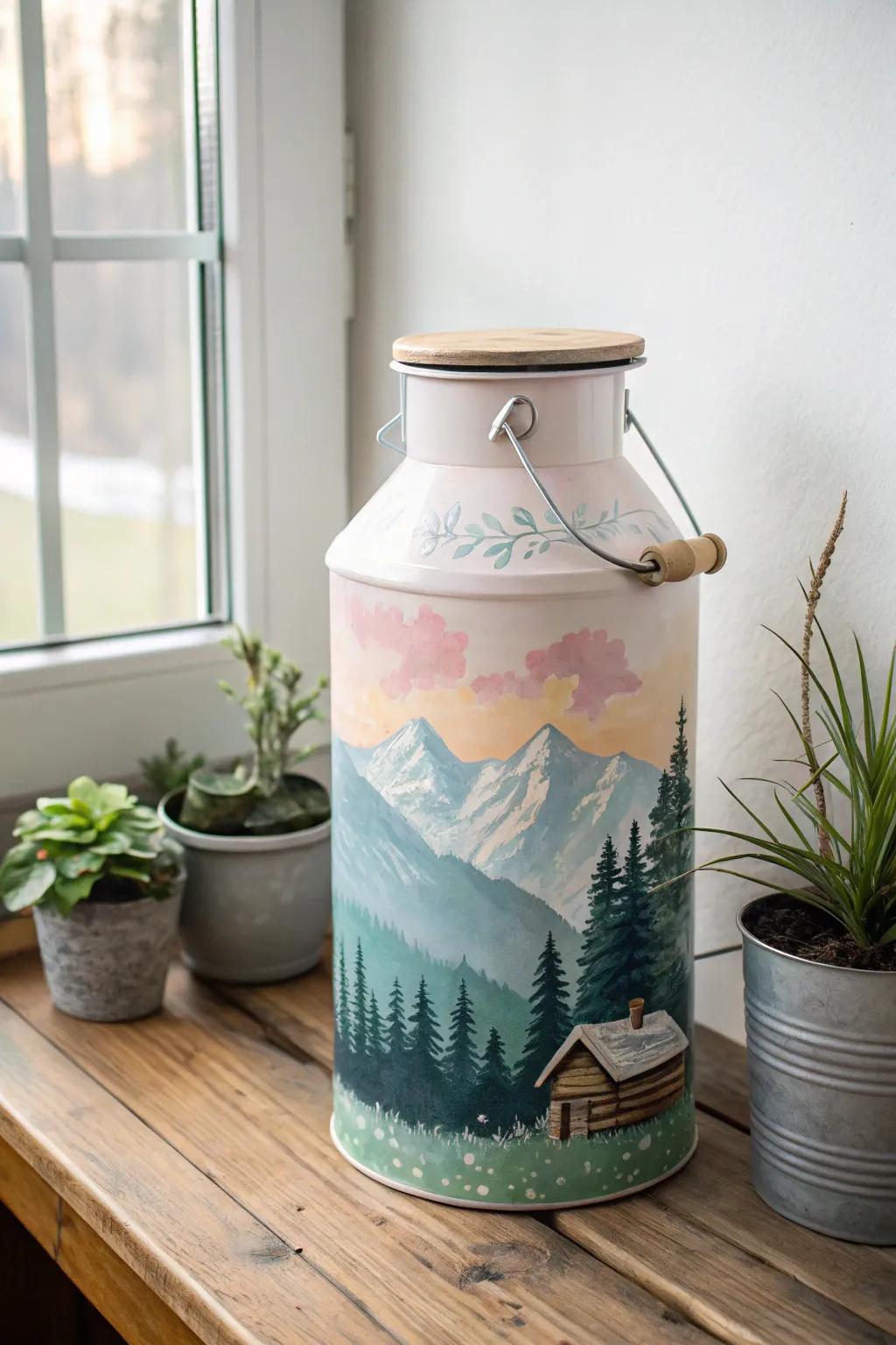 Bring the tranquility of nature indoors with a hand-painted milk can masterpiece.